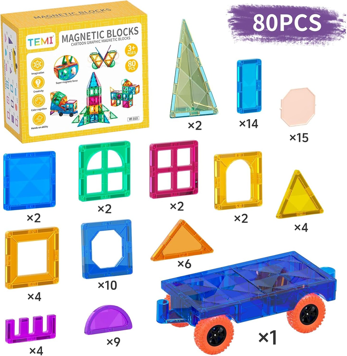 TEMI Magnetic Tiles,Building Blocks, Magnets Building Set, Learning and Education Toys Christmas Toy Gift for Ages 3 4 5 6 7 8+ Year Old Toddler Kids Boys and Girls (Magnetic Tiles-80pcs)