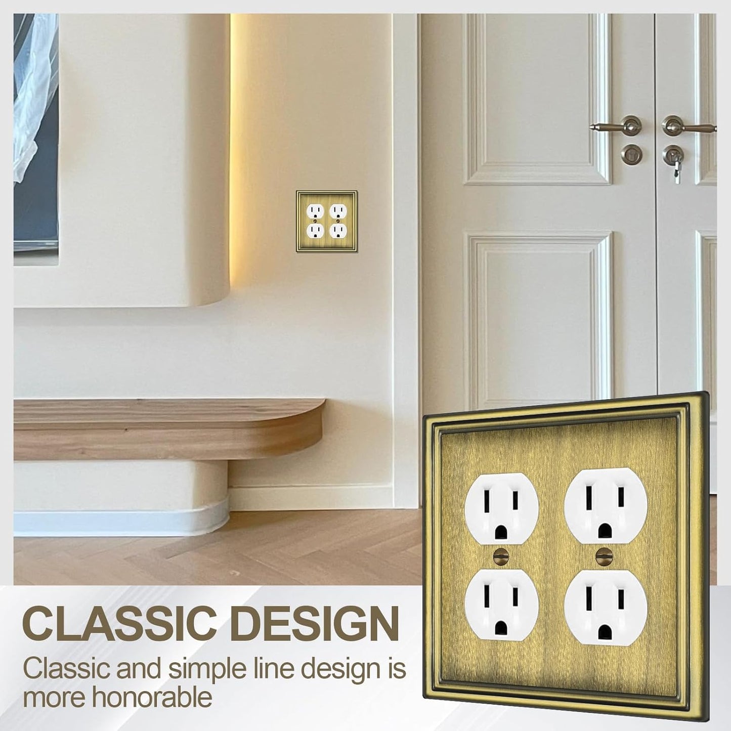 Metal Double Outlet Covers Wall Plate, Antique Brass Decorative Light Switch Plate 2 Gang Duplex Outlet Covers - Classic Style, 3 Pack