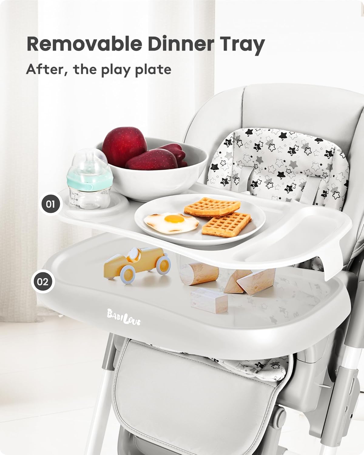 Foldable High Chair with Soft Cushion, High Chairs for Babies and Toddlers, Height Adjustable Feeding Chair, Adjustable Backrest and Footrest, Lockable Wheels, Star Gray