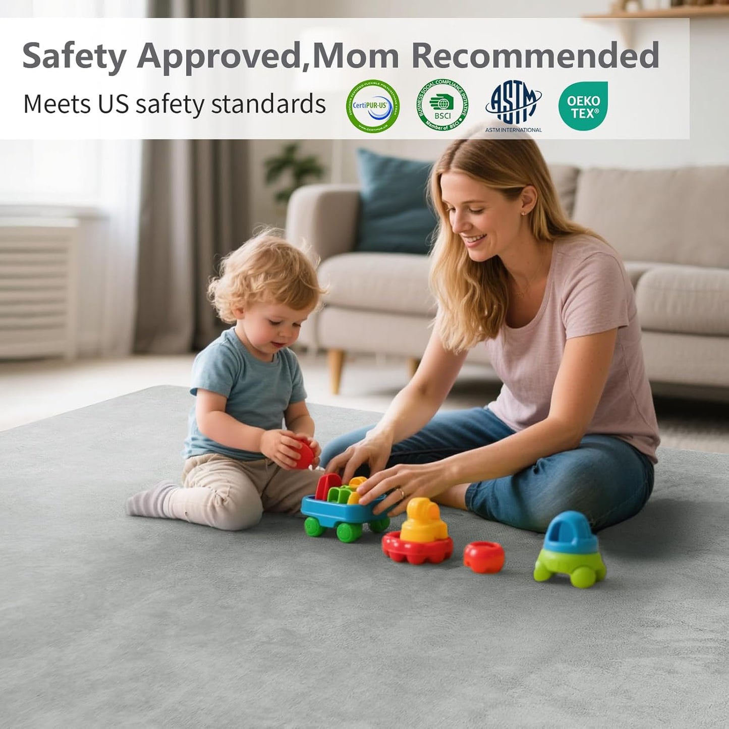 Baby Play Mat for Floor,1.3" Thick Elasti-Foam 50"×74" Playpen Mat for Tummy Time,Water Repellent Soft Coral Velvet for Toddler,Infant,Kids,Non-Slip Backing Safe for Crawling(Light Grey)