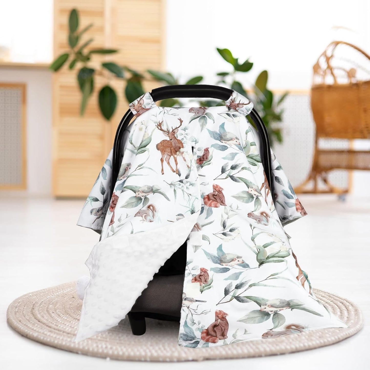 TANOFAR Baby Carseat Canopy, Peekaboo Opening Car Seat Canopy for Babies, Soft and Breathable Infant Carrier Canopy, Multi-use Baby Carrier, Stroller, Nursing Cover, Minky Blanket, Animal Leaf