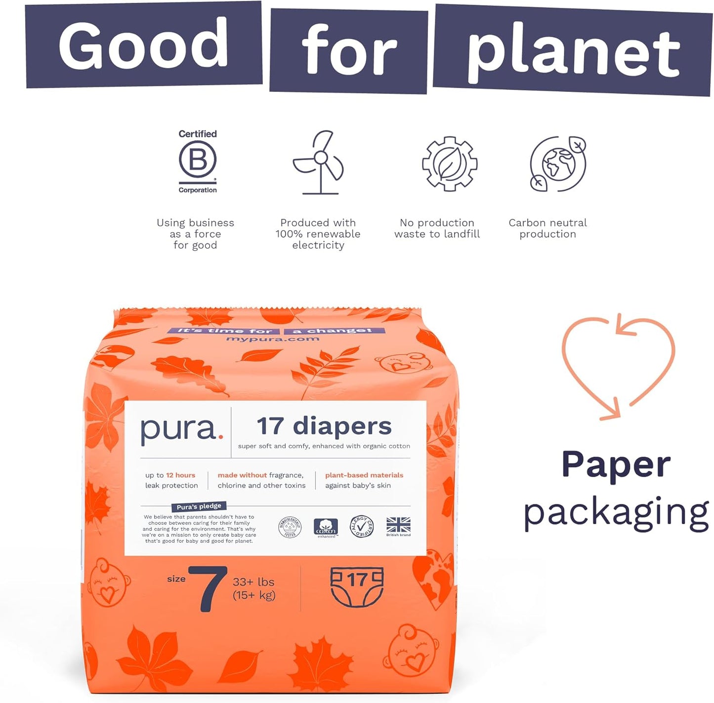 Pura Size 7 Eco-Friendly Diapers (33+lbs) Totally Chlorine Free (TCF) Hypoallergenic, Soft Organic Cotton, Sustainable, up to 12 Hours Leak Protection, Allergy UK, 3 Packs of 17 (51 Diapers)
