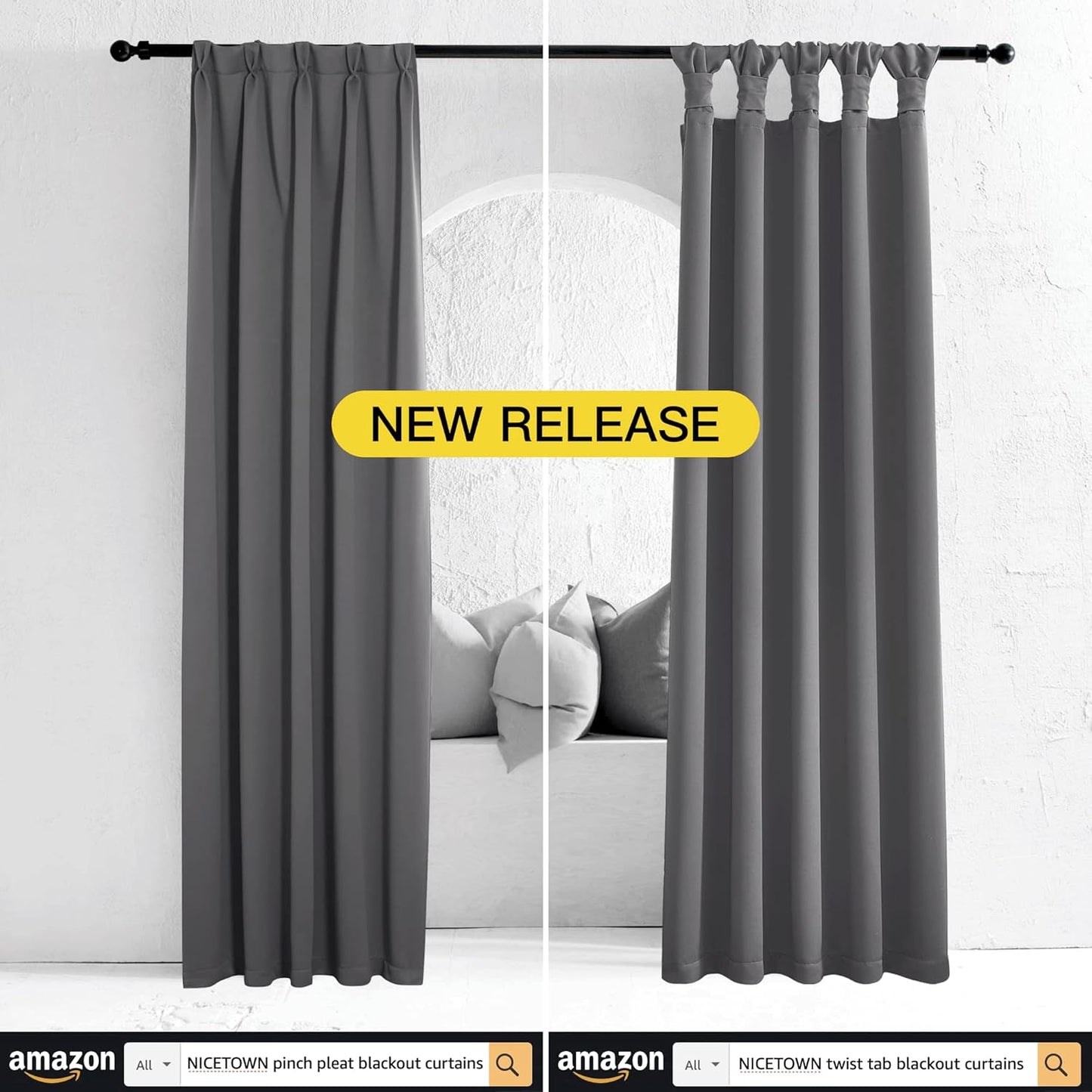 NICETOWN 100% Blackout Blinds, Laundry Room Decor Window Treatment Curtains for Large Patio Sliding Door, Thermal Insulated Grey Curtains for Bedroom, Set of 2, 52 inches x 108 inches