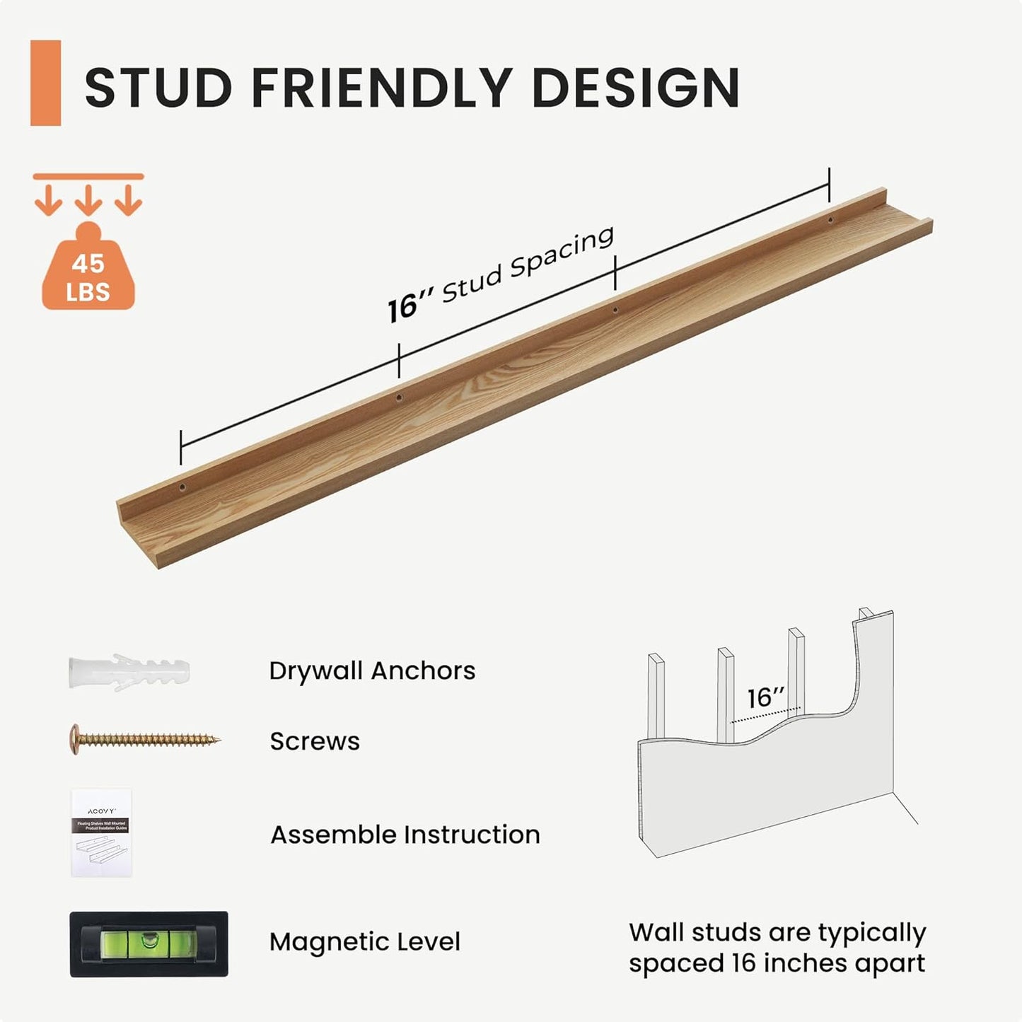 Solid Ash Wood Picture Ledge Shelf, Floating Shelves Set of 2, 56 Inch Long Large Ledge Shelves, Nursery Book Shelves Wall Mounted for Living Room Bedroom Kitchen Decor Kids Bookshelf, Natural