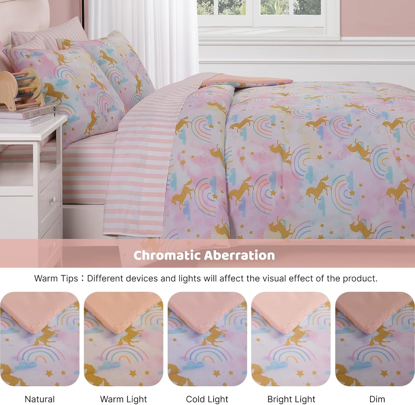 Queen Comforter Set with Sheets for Girls-7 Pieces Queen Bedding Sets with Pink Comforter, Sheets, Pillowcases & Shams for Kids (Gold Unicorn, 90" X 90")