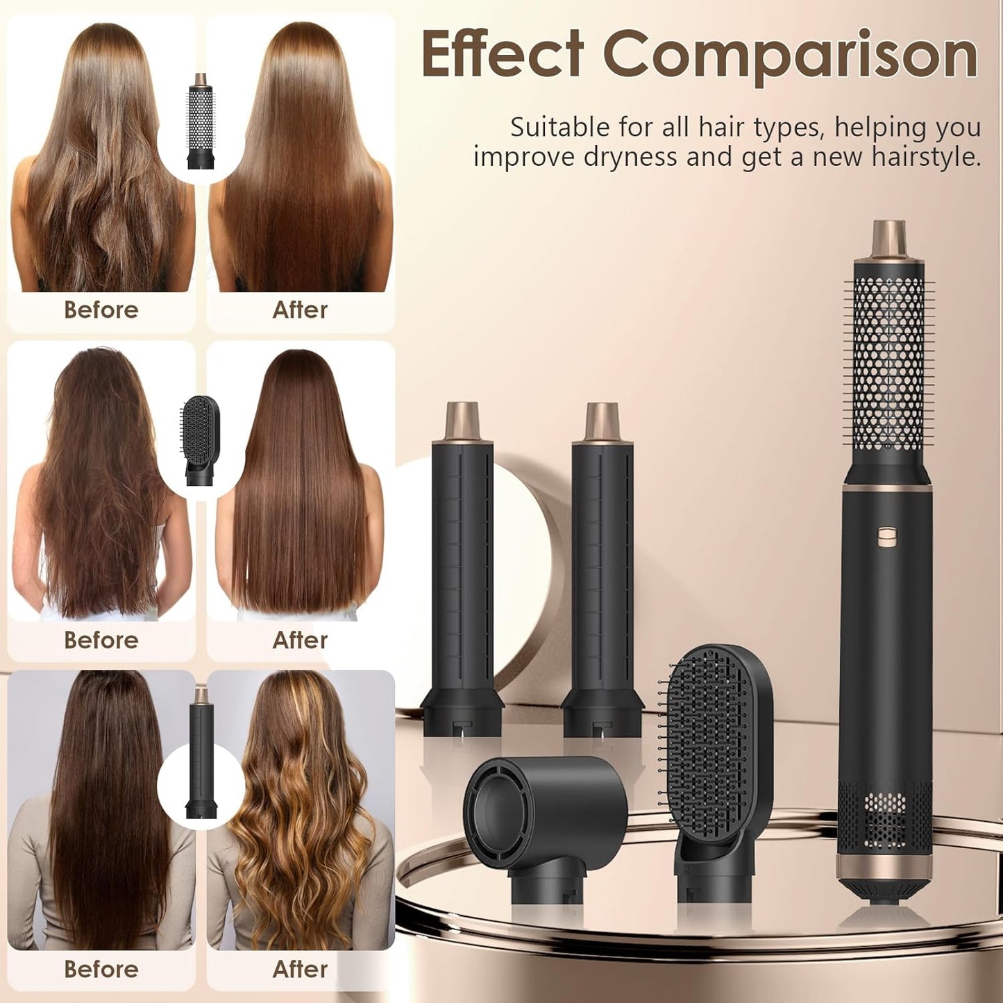 Blow Dryer Brush 5 in 1, Multi Ionic Hair Dryer Brush Set, Auto Air Wrap Hair Styler with 3 Temperature, Powerful Hair Styling Tools Set for Fast Drying, Curling, Straightening & Smoothing