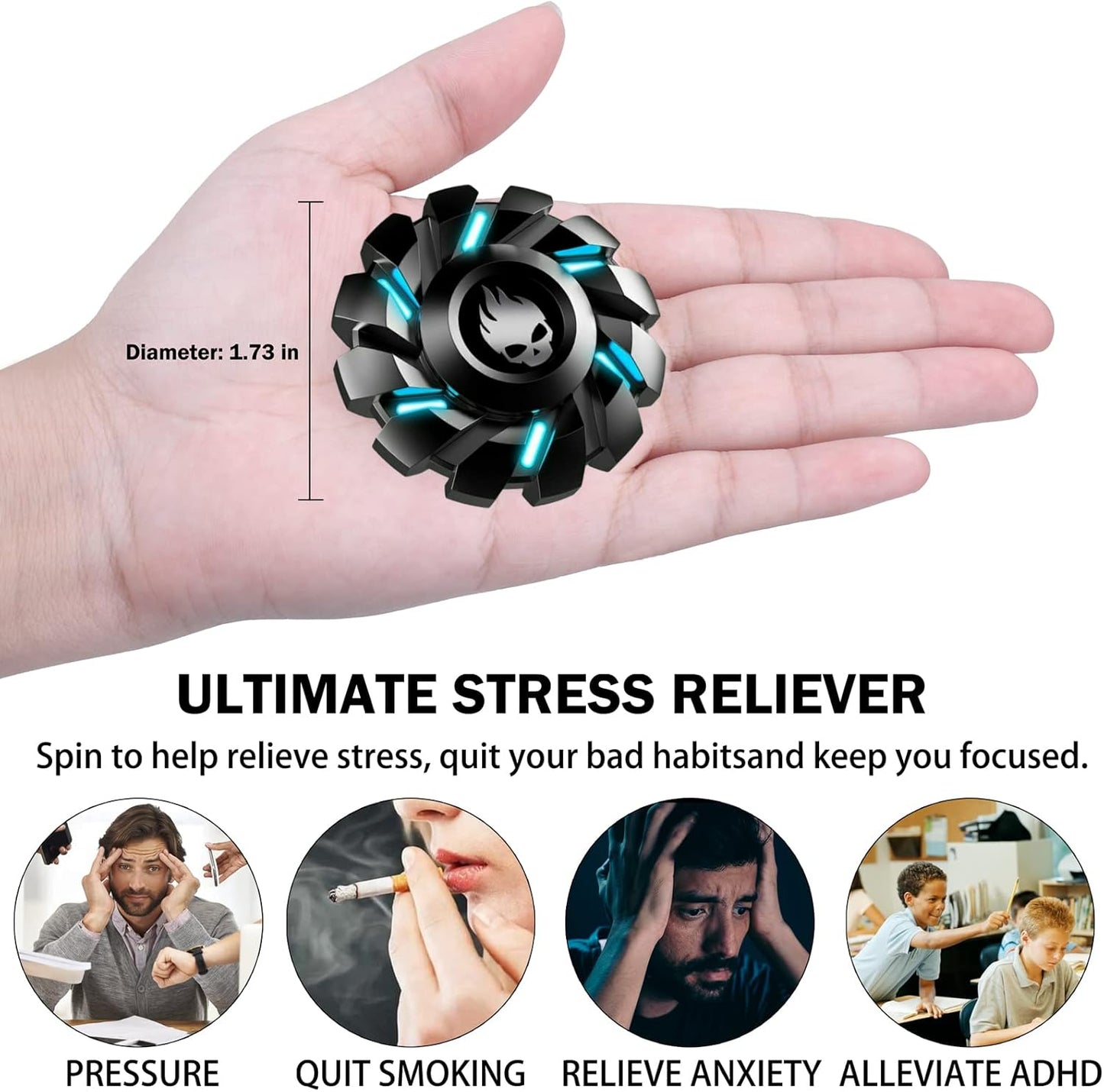 Black Gear Fidget Spinner, Colorful Glow in The Dark, High Speed and Silence, Cool Metal Mechanical Gear Shape Design with Skull Symbol, Anti-Anxiety and Stress Release for Kids and Adults