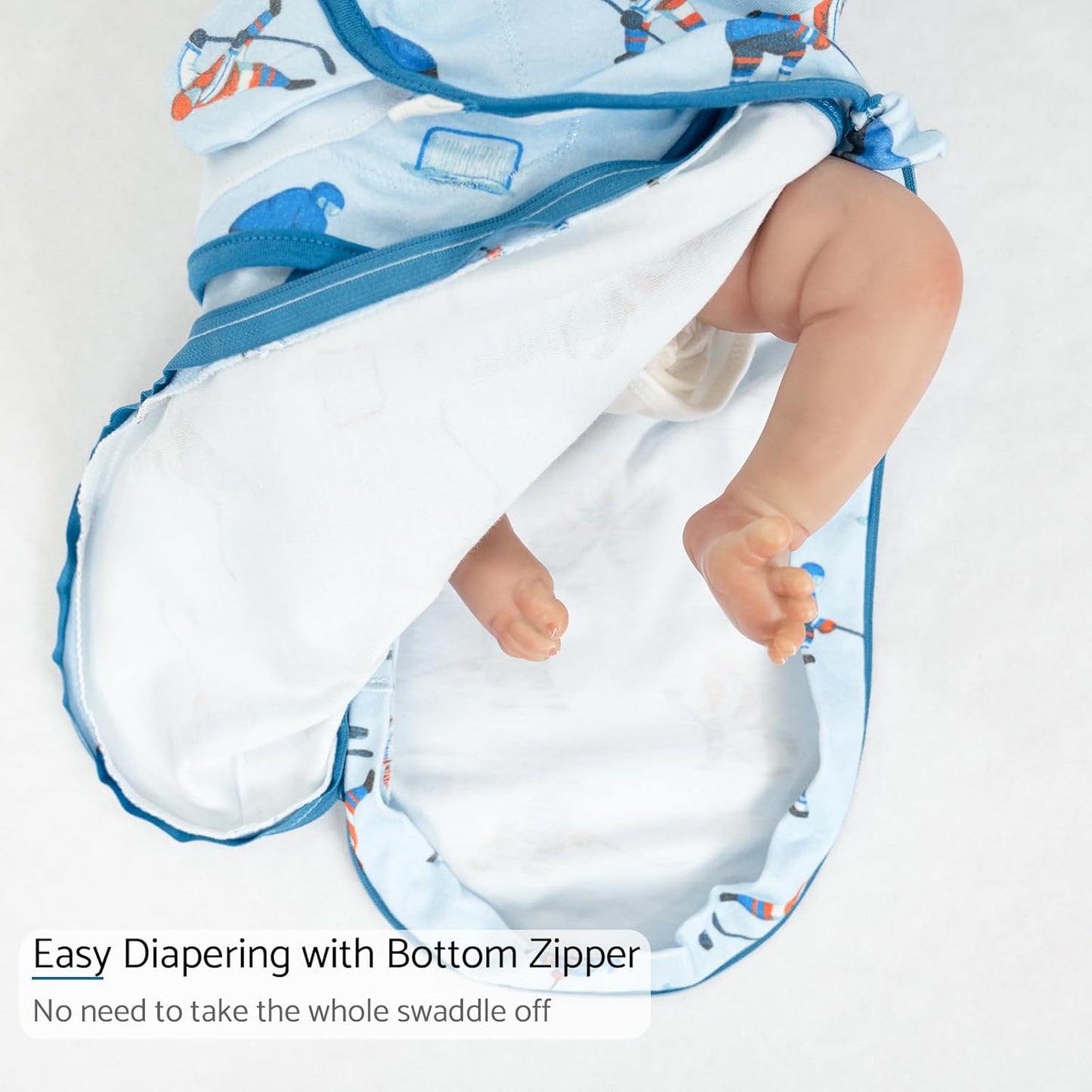 LollyBanks Baby Swaddle, 100% Organic Cotton Newborn Boy Swaddle Sack 0-3 Months, Newborn Baby Swaddle Blanket Wrap with Easy Change Zipper, Baby Registry Must Haves (Ice Hockey)