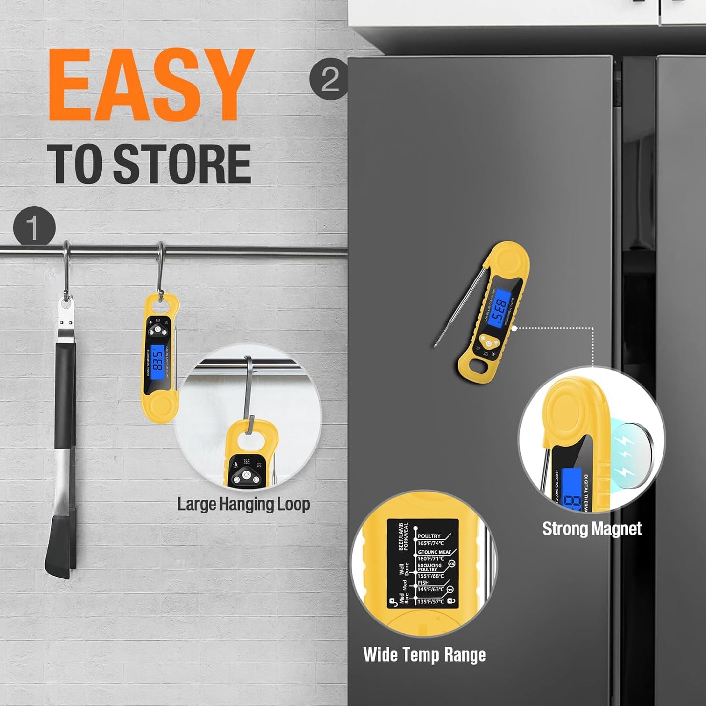 Meat Thermometer Digital, Instant Read Food Thermometer Waterproof with Backlight for Cooking, Deep Fry, BBQ, Grill, Smoker and Roast (Yellow)