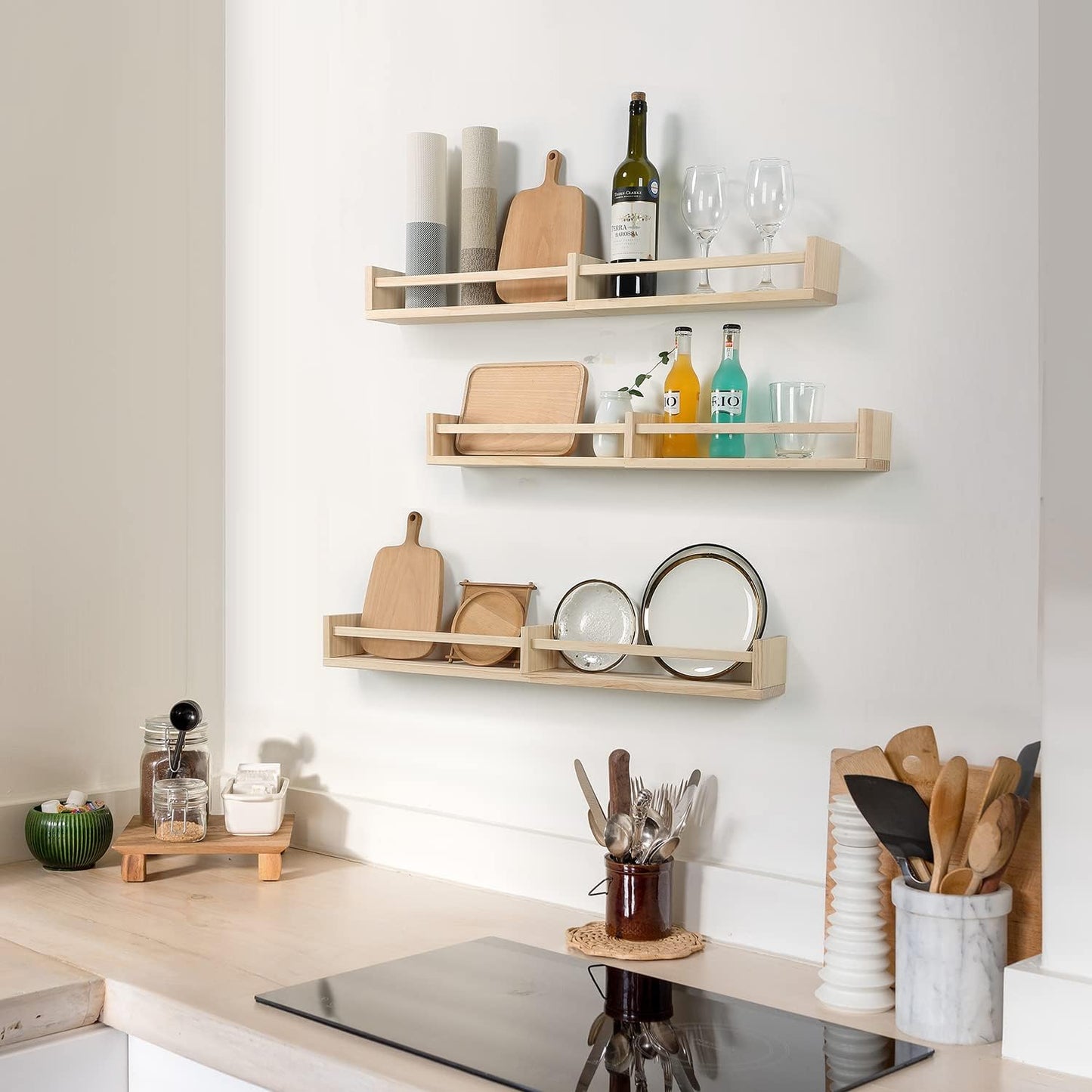 Nursery Bookshelves Wall Mounted,32inch,Set of 3, Wood Floating Wall Bookshelf for Kids,Natural Wood Color,Hanging Shelf for Baby Nursery Room Decor, Pine