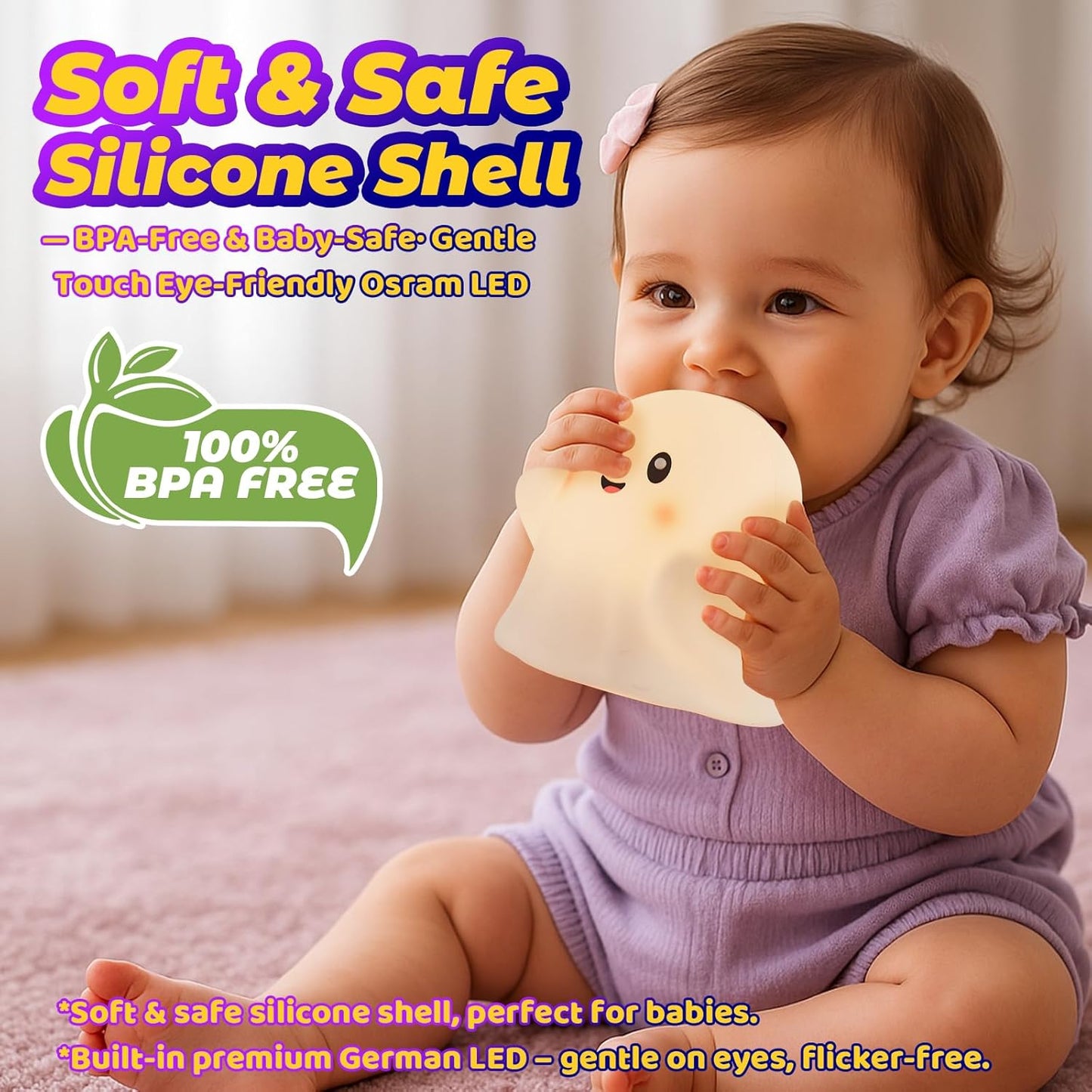 Halloween Ghost Night Light RGB โ Touch Night Light for Kids, Rainbow Color-Changing,30-Min Timer,Sounds & Sleep Music, Squishy Silicone, USB Rechargeable, Nursery Decor, Ghost Light Decor