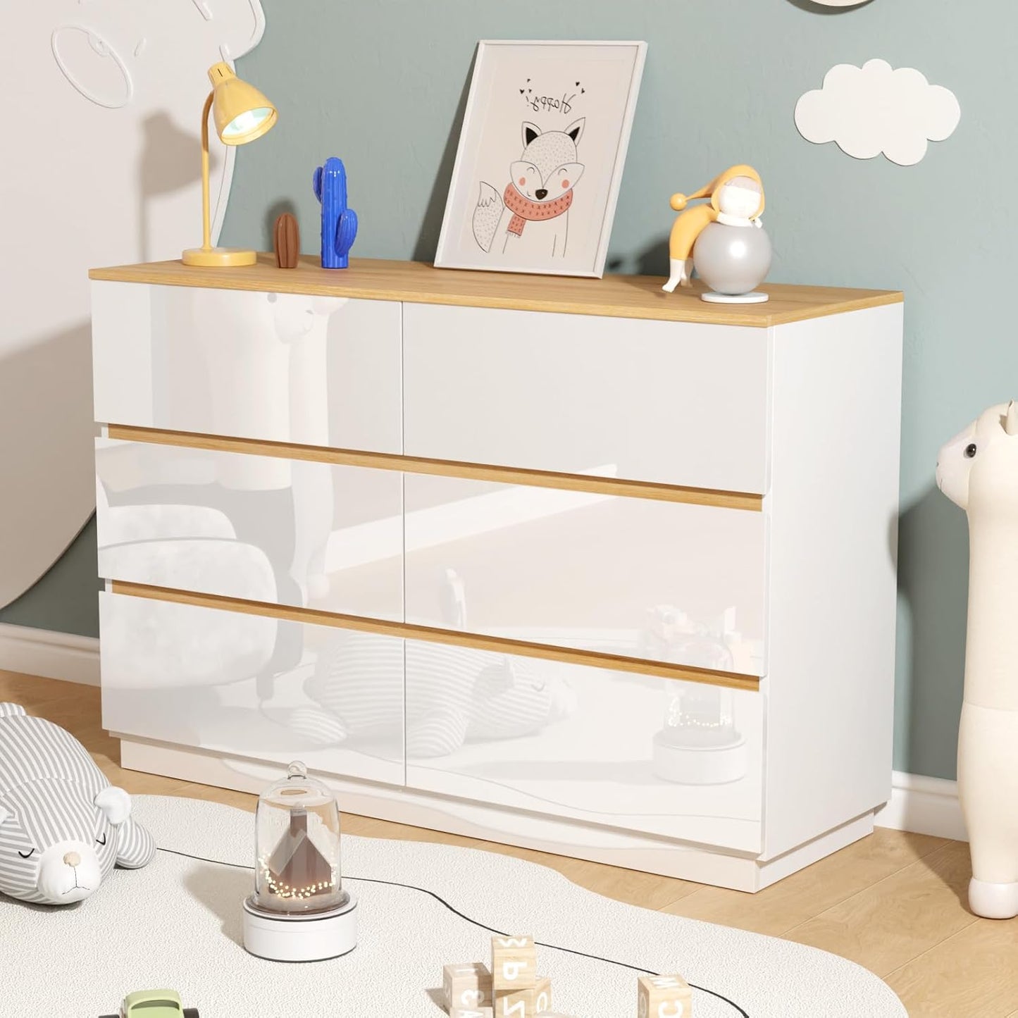 VINGLI White Dresser High Gloss Chest of Drawers, 6 Drawer Dresser for Bedroom, Modern Dressers Wood, Brown Top, 47.2" W x 15.75" D x 31.5" H