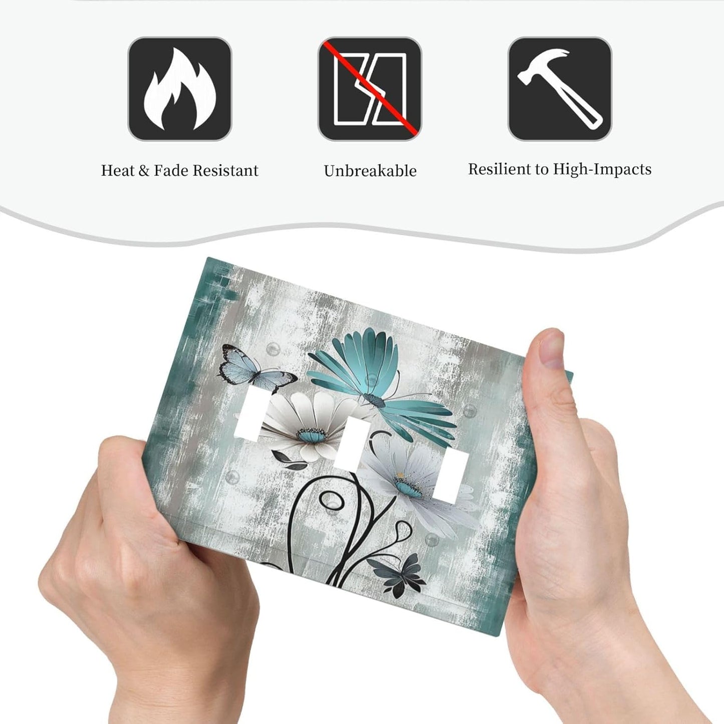 Decorative Switch Plates Rustic Teal Daisy Floral Flowers Butterfly Wood Grain 3 Gang Wall Plate Triple Toggle Light Switch Cover Faceplate Electrical Wall Panels for Bathroom Bedroom Decor