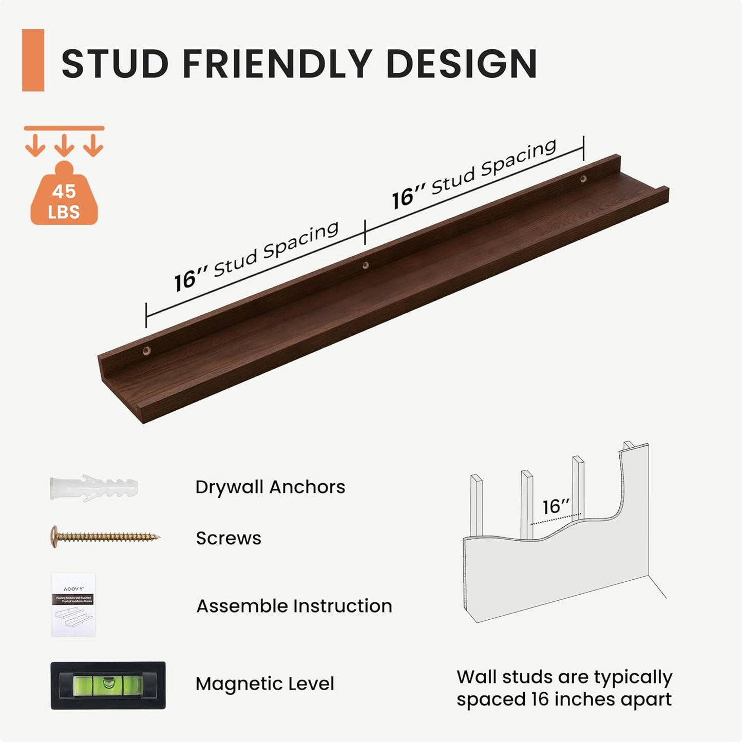 Solid Ash Wood Picture Ledge Shelf, 36 Inch Floating Shelves with Lip Set of 2, Photo Ledge Shelf Nursery Bookshelf Wall Mounted for Living Room Bedroom Decor, Walnut