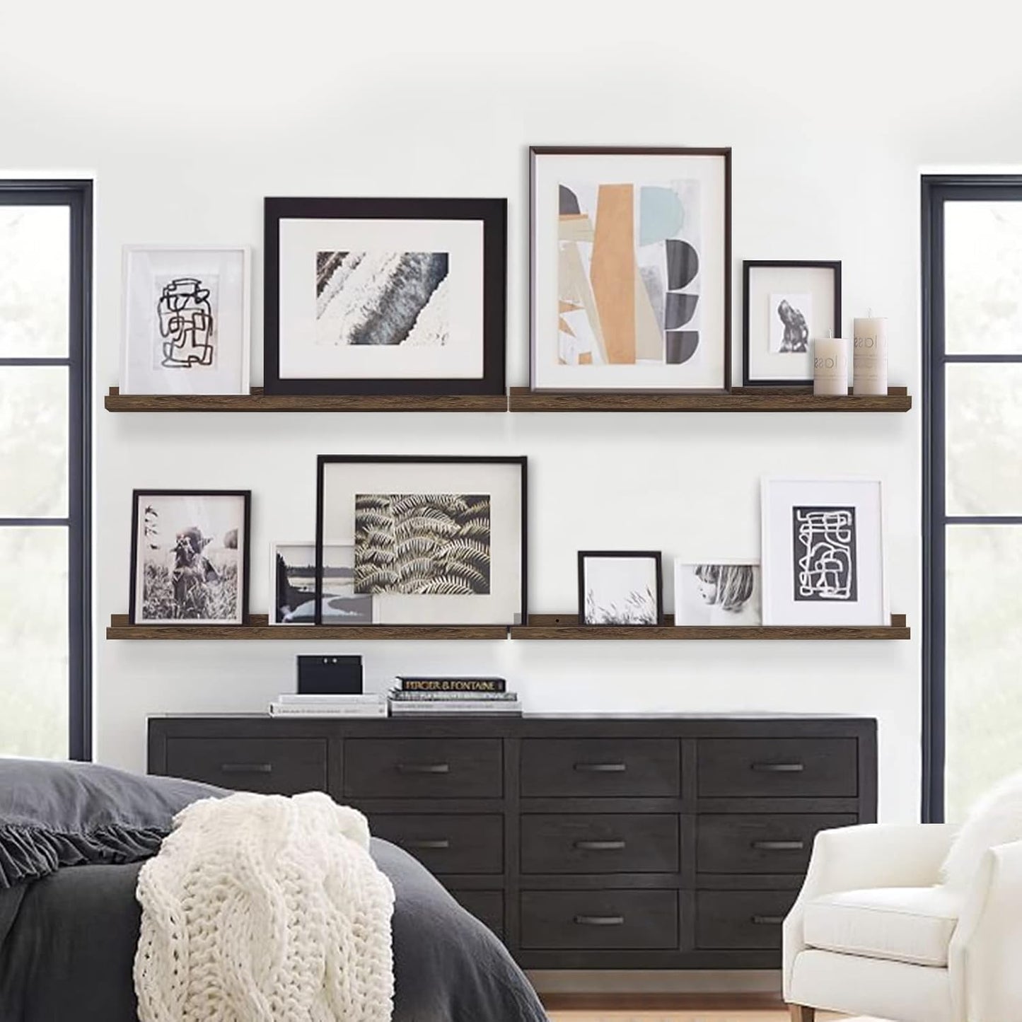 Forbena Rustic Wood Wall Shelves for Living Room Set of 4, 36 Inch Long Floating Shelves with Lip, Large Farmhouse Wooden Picture Ledge Shelf for Bedroom Office Hallway Photo Frames (Dark Brown)