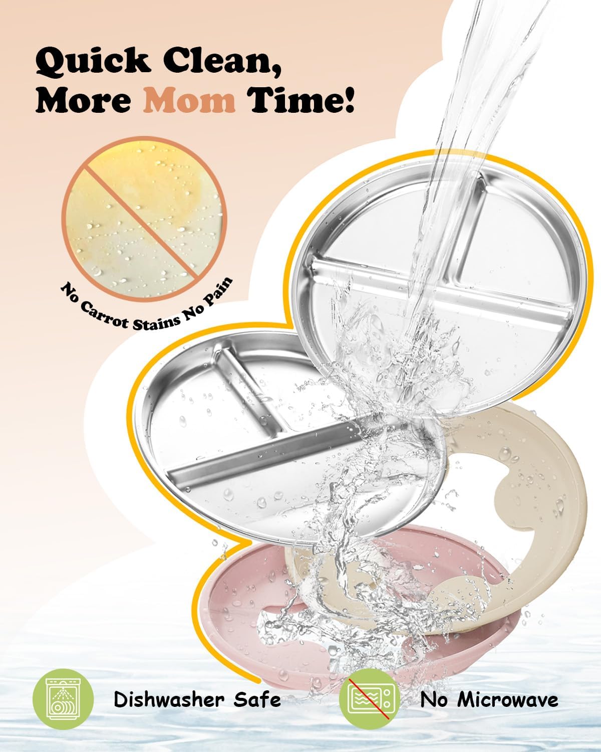 Stainless Steel Baby Plate with Suction, 8” Divided Toddler Plates with Removable Silicone Sleeves for Kids, Non-Toxic Non-Slip Unbreakable Dishwasher Safe Dinnerware Set of 2, Pink & Beige