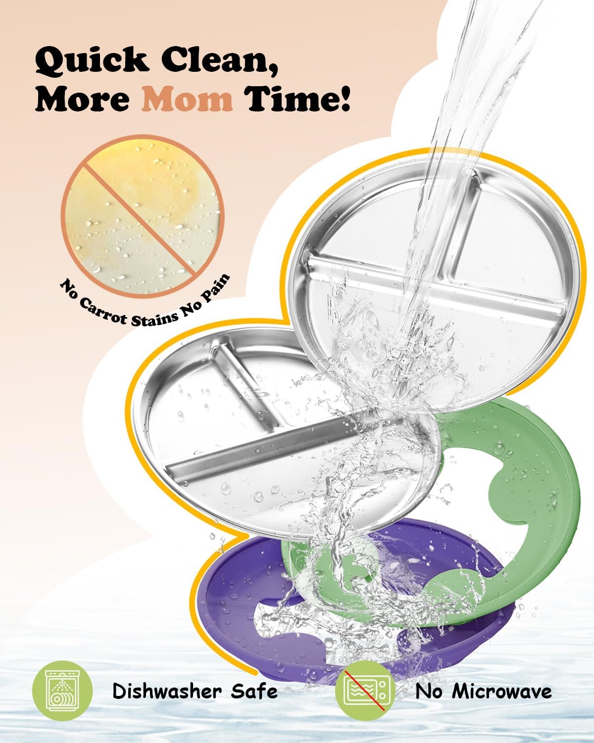 Stainless Steel Toddler Plate with Suction, 8” Divided Plates with Removable Silicone Sleeves for Baby, Non Toxic & BPA Free | Non Slip | Unbreakable Kids Snack Dishes Set of 2, Green & Purple