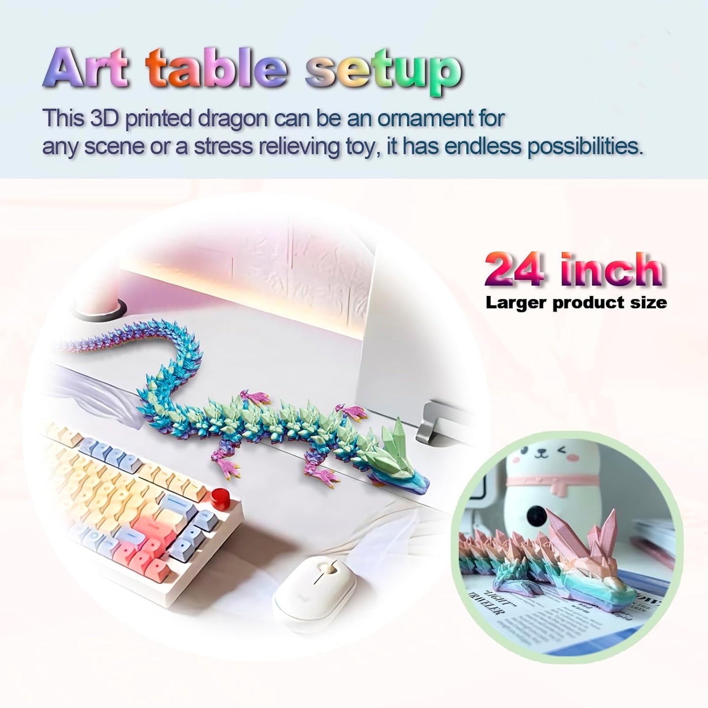 Large 24" 3D Printed Dragon,Articulated Crystal Dragon,3D Dragon Toy,Dragon Collection, Executive Desk Decor (Rainbow)