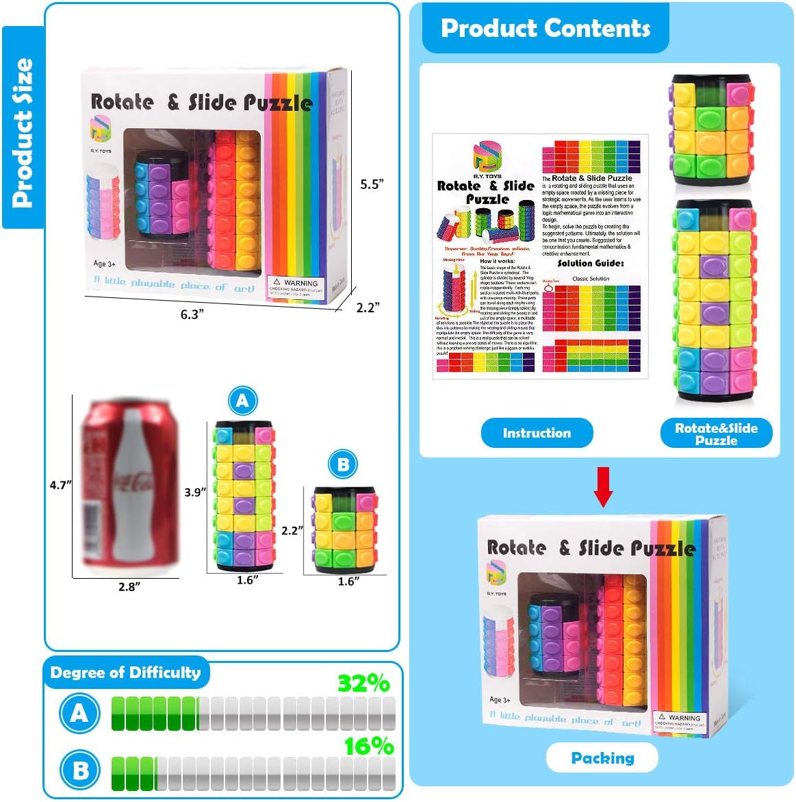 R.Y.TOYS Rotate and Slide Puzzle-Design Patent,Fidget Toys(Restore Order/Create Patterns) 8 Colors,4 and 8 Layers-Detach Piece for Quick Play,Brain Teaser,Sensory Toys Gifts,Easter Basket Stuffers