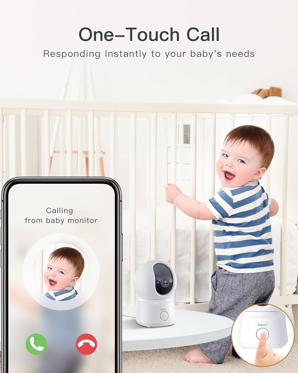 ARENTI B2, 360° View Baby Camera for Pet/Nanny, 2.4g WiFi Only, Temperature Sensor, Sound & Motion Detection, 2 Way Audio, Night Vision, Works Screen2-No Light