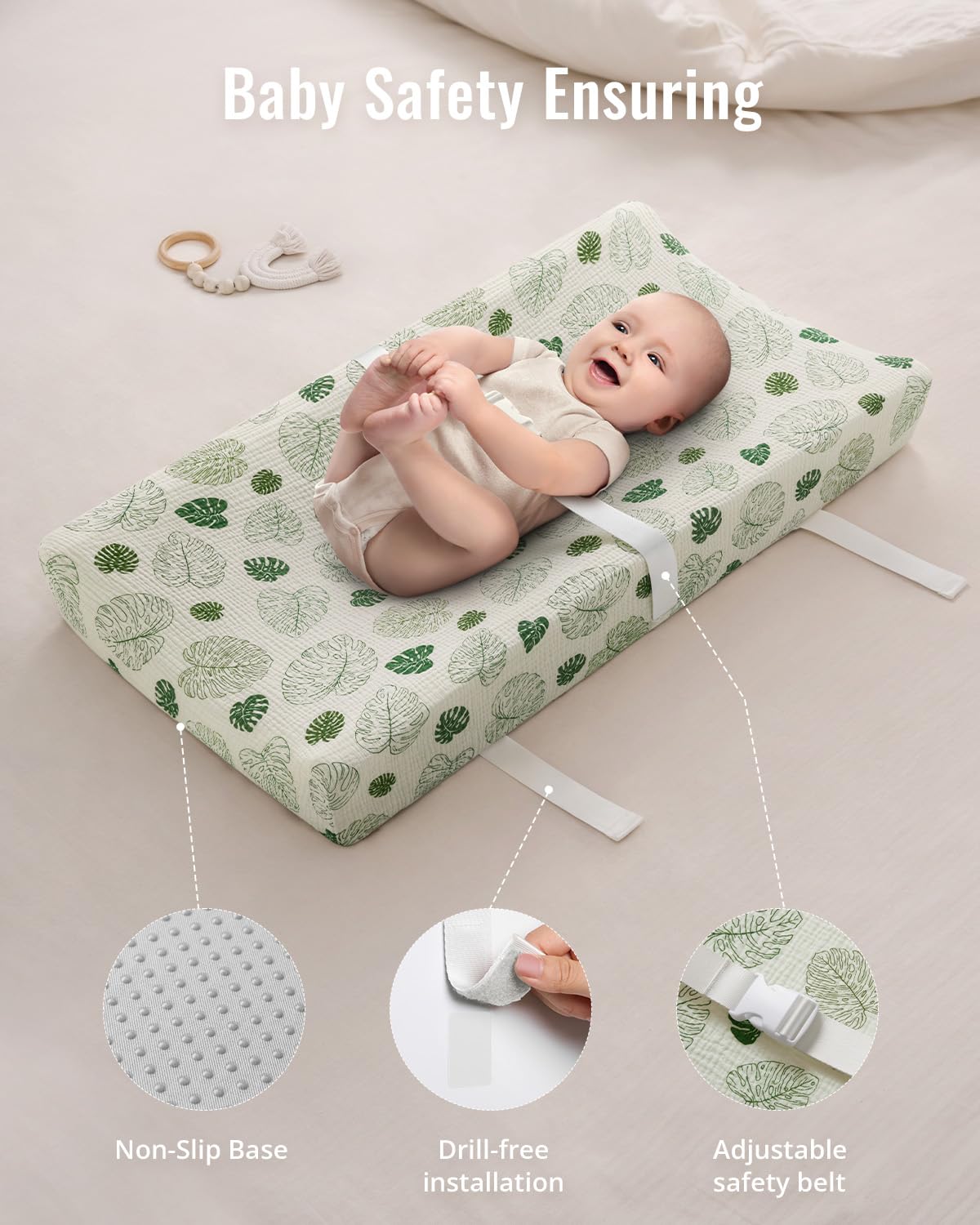 Blissful Diary Muslin Baby Changing Pad with Waterproof Lining Foam, Diaper Changing Table Pad with Cover for Dressers (Monstera, Rectangular)