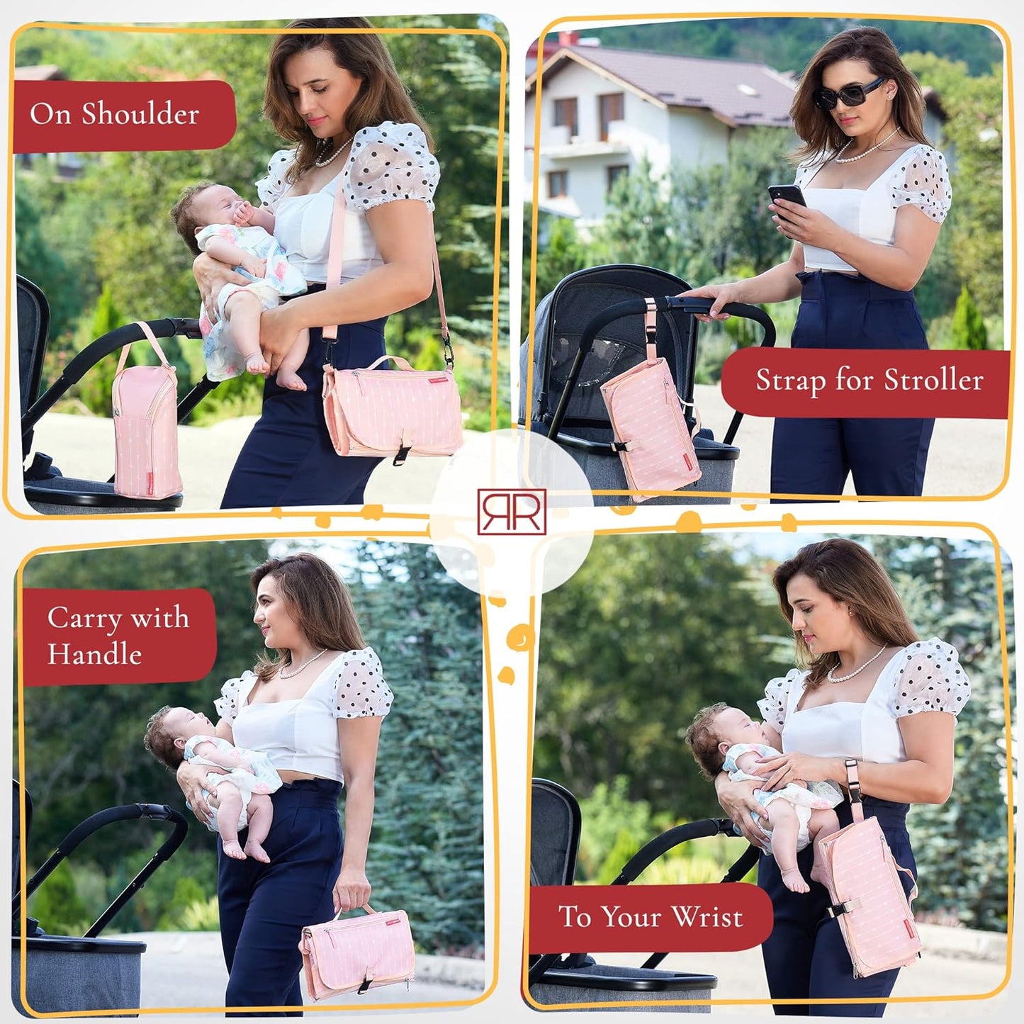 Premium Portable Diaper Changing Pad โ CPC Certified Waterproof 2-in-1 Diaper Clutch & Changing Mat with Head Cushion โ Bonus Insulated Bottle Bag โ Travel Kit Gift for Baby Girls & Boys (Peach)