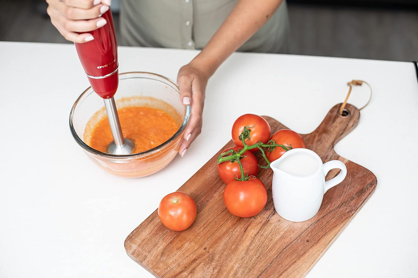 OVENTE Immersion Hand Blender, 300W Electric Handheld Portable Stick Mixer Set with 2 Mixing Speed, Stainless Steel Blades, Egg Whisk Attachment, Mixing Beaker and BPA-Free Food Chopper, Red HS565R