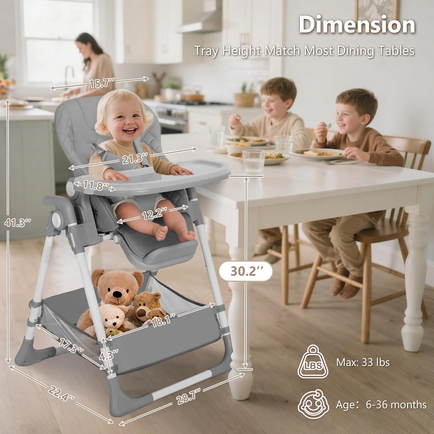 Kinder King Convertible Baby High Chair, Adjustable Feeding Chair for Babies and Toddlers with Removable Double Tray, Simple Compact Fold for Space-Saving, 2 Built-in Wheels, Easy to Clean, Gray