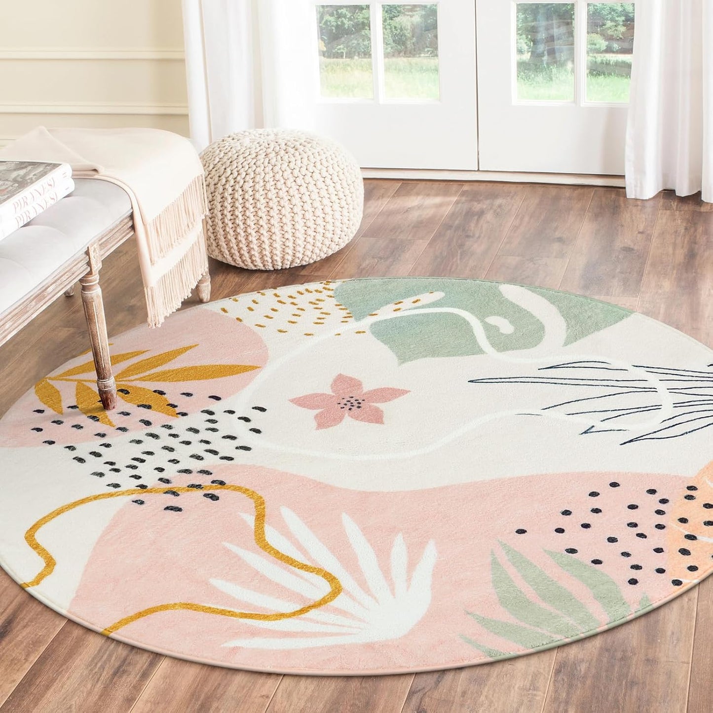 Lahome Pink Round Rugs 8Ft - Washable Boho Area Rug for Living Room Non-Slip Soft Ultra-Thin Large Round Rug Dining Room Rug, Botanical Print Floor Round Carpet for Bedroom Office Dorm (Pink, 8'x8')