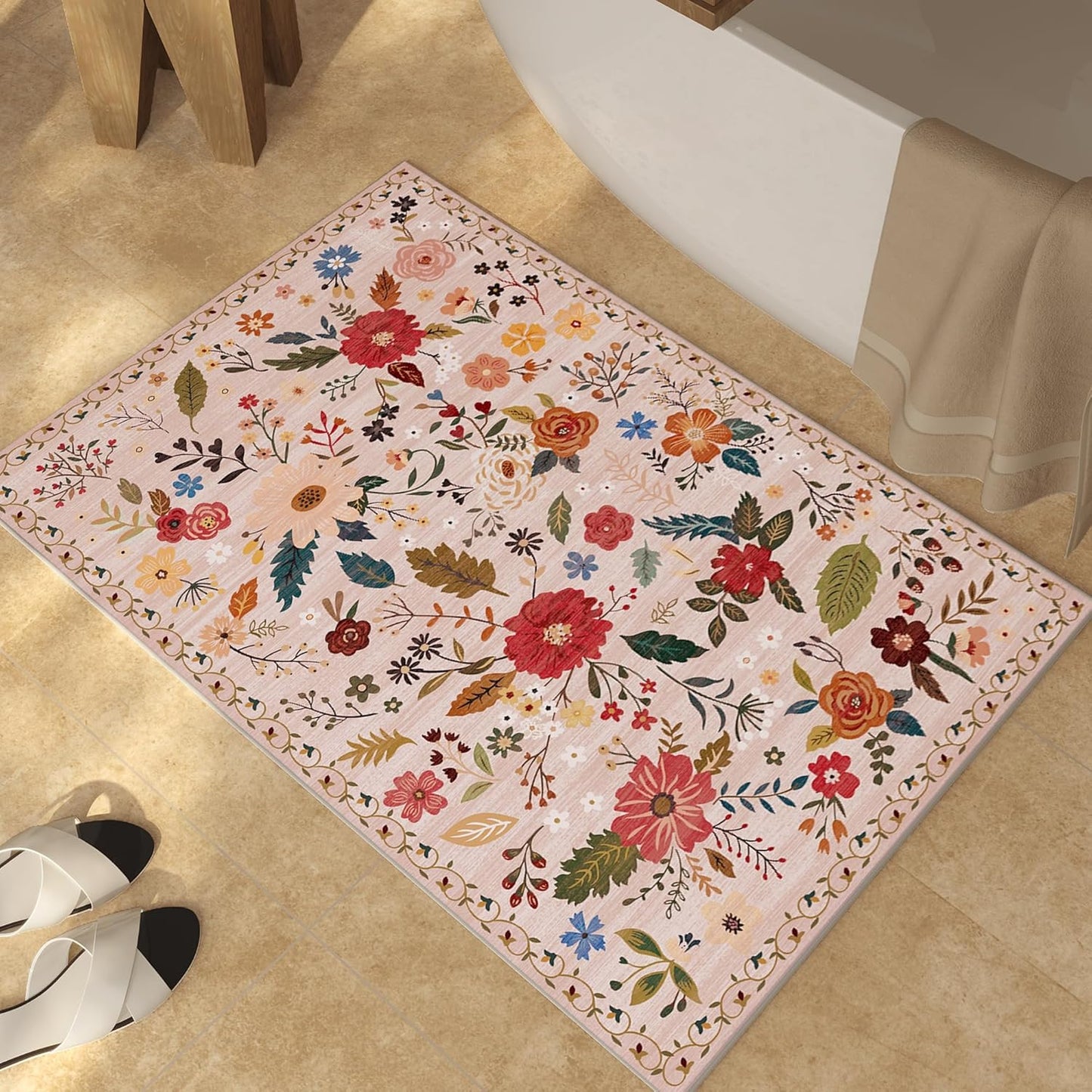 3x5 Area Rug, Floral Pink Washable Rug for Entryway, Non Slip Flower Area Rugs, Soft Low Pile Indoor Doormat Small Carpet, Rugs for Living Room Bedroom Nursery Kitchen Dining Room, Pink/Beige