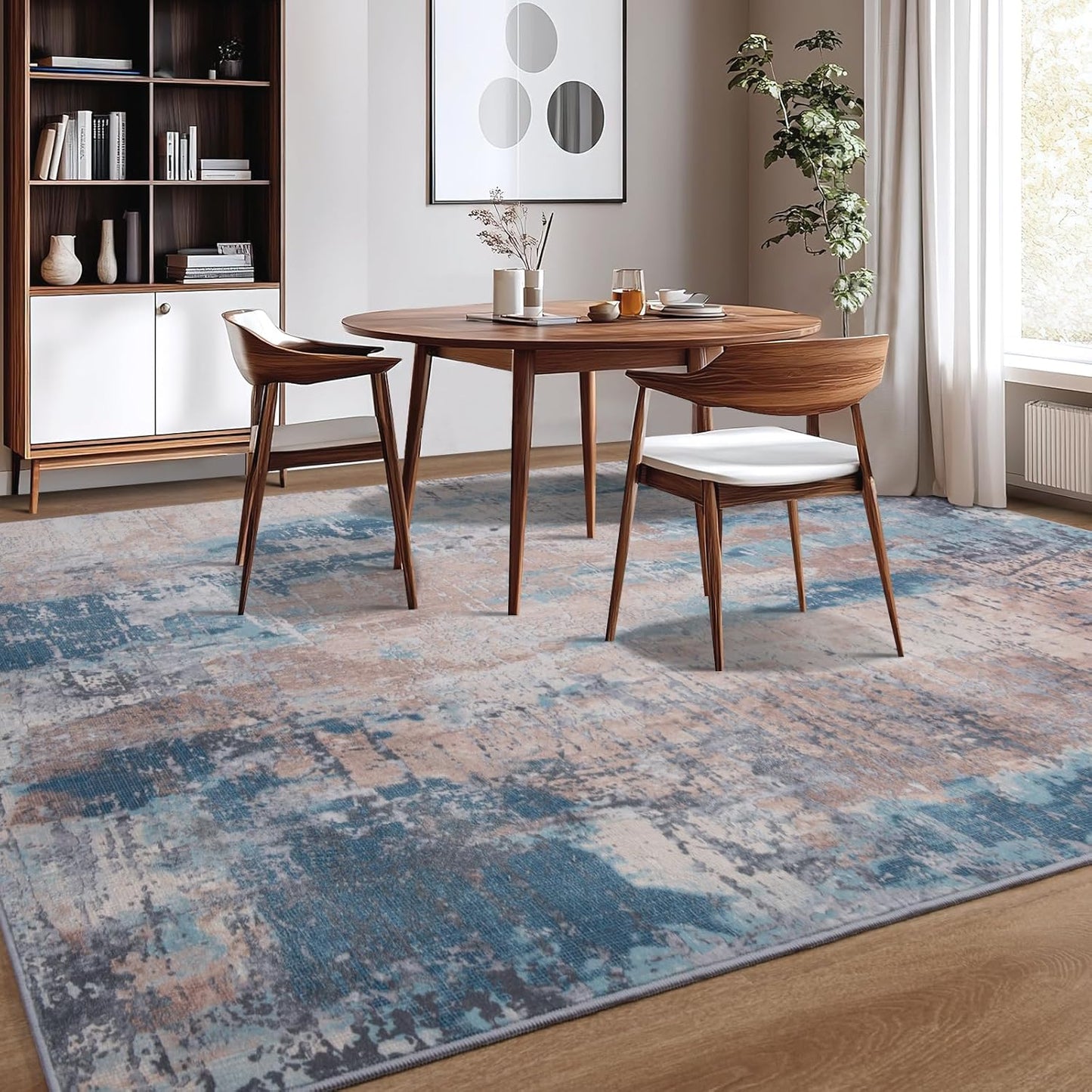 Area Rug Living Room Rug, 5x7 Modern Abstract Washable Rug Beige Blue Non Slip Foldable Faux Wool Vintage Carpet, Fluffy Non-Shedding Rugs for Living Room, Bedroom, Dining Room, Kids Playroom