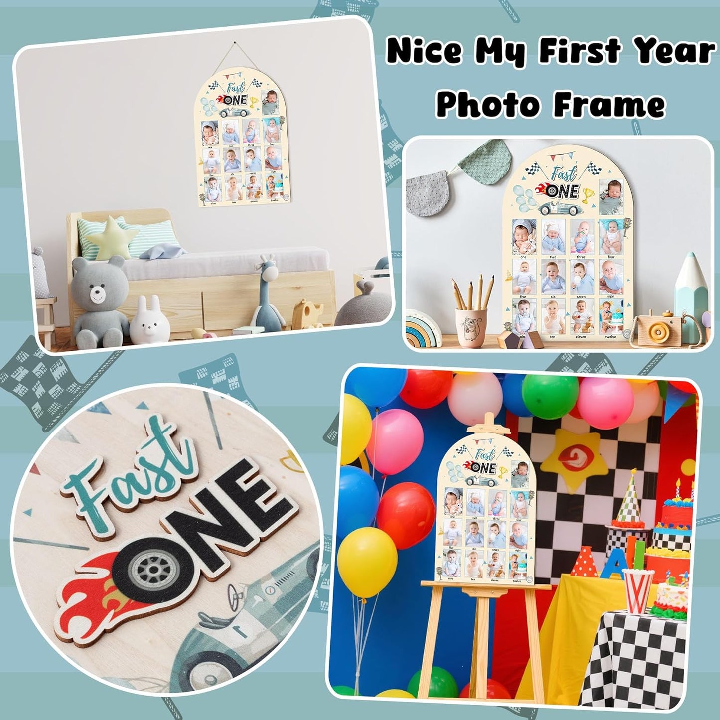R HORSE My First Year Photo Display Wood Board - 3D Race Car Baby's First Year Picture Frame, 12 Months Milestone Board Neutral Baby Keepsake Gift One Year Old Birthday Nursery Decor for Boy