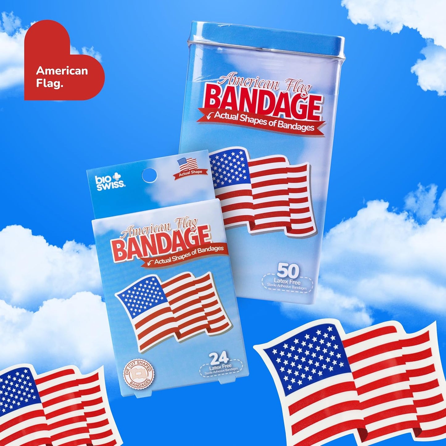 BioSwiss Bandages, American Flag Shaped Self Adhesive Bandage, Latex Free Wound Care, Fun First Aid Kit Supplies for Kids and Adults, 50 Count