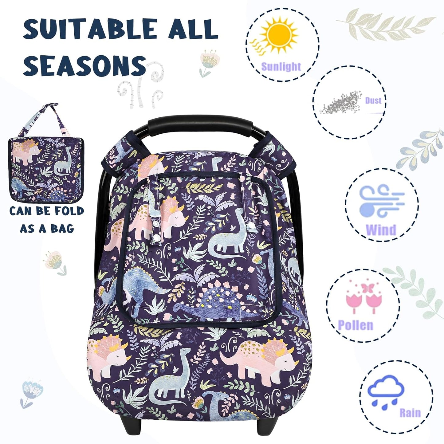 Pea Pod Car Seat Cover Baby, Infant Car Seat Canopy Covers for Newborn with 2 Layers Windows of Breathable Mesh Fabric, Lightweight Polyester/Soft Minky Dot Backing (Dinosaur)