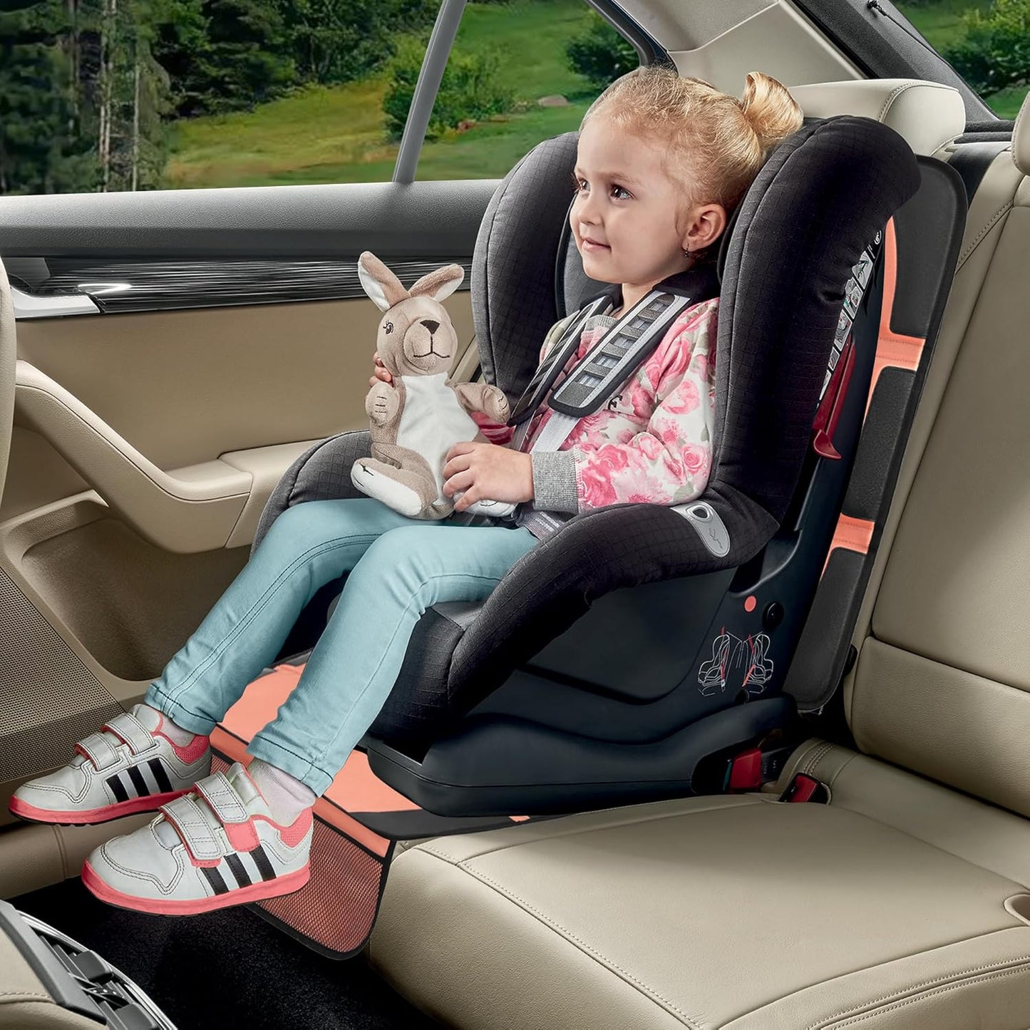 Car Seat Protector for Child, 2 Pack Covers with Mesh Pockets & Non-Slip Backing, 600D Durable Under Seat for Back (Orange, Large)