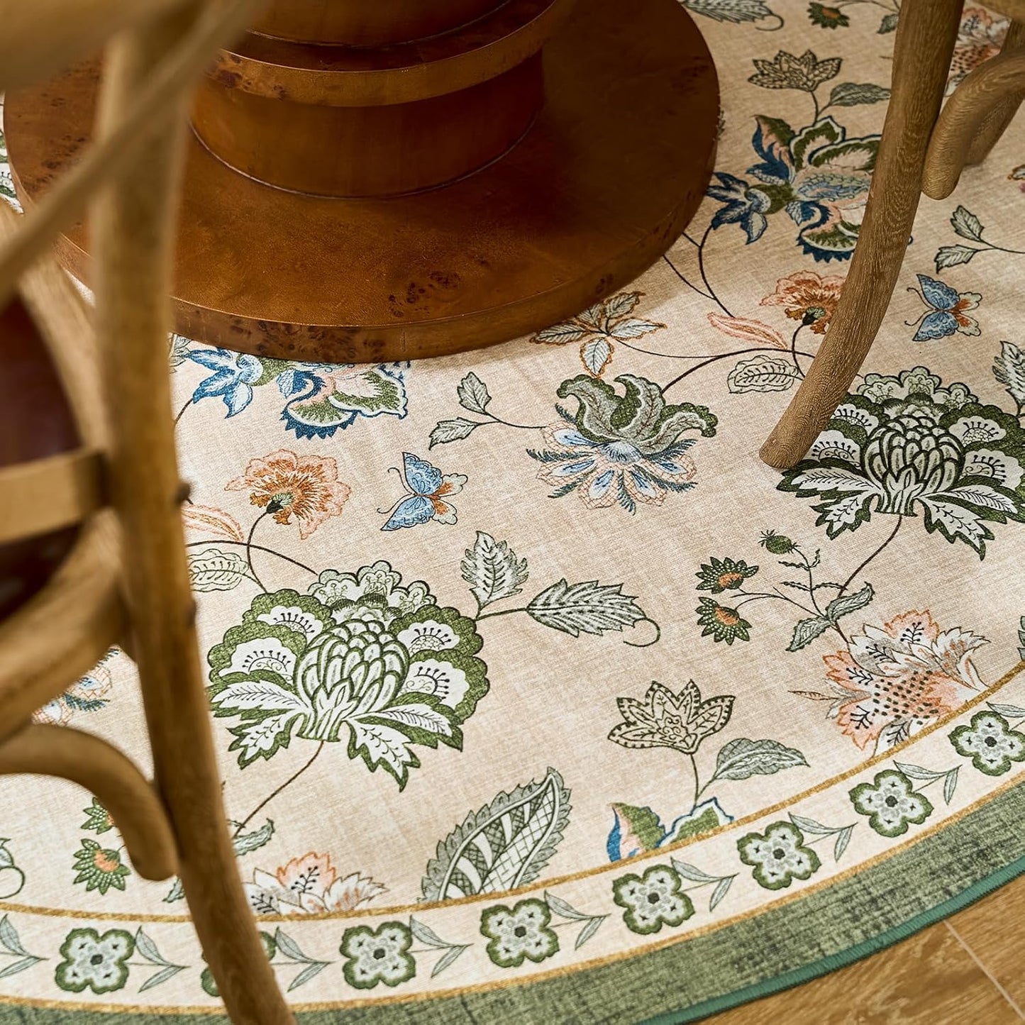 jinchan Floral Corner Rug for Entryway Washable Kitchen Rug Vintage Romance Design Non Slip Quarter Circle Lightweight Low-Pile Throw Carpet for Playroom Reading Nook Nursery, 4ft Radius, Green/Beige