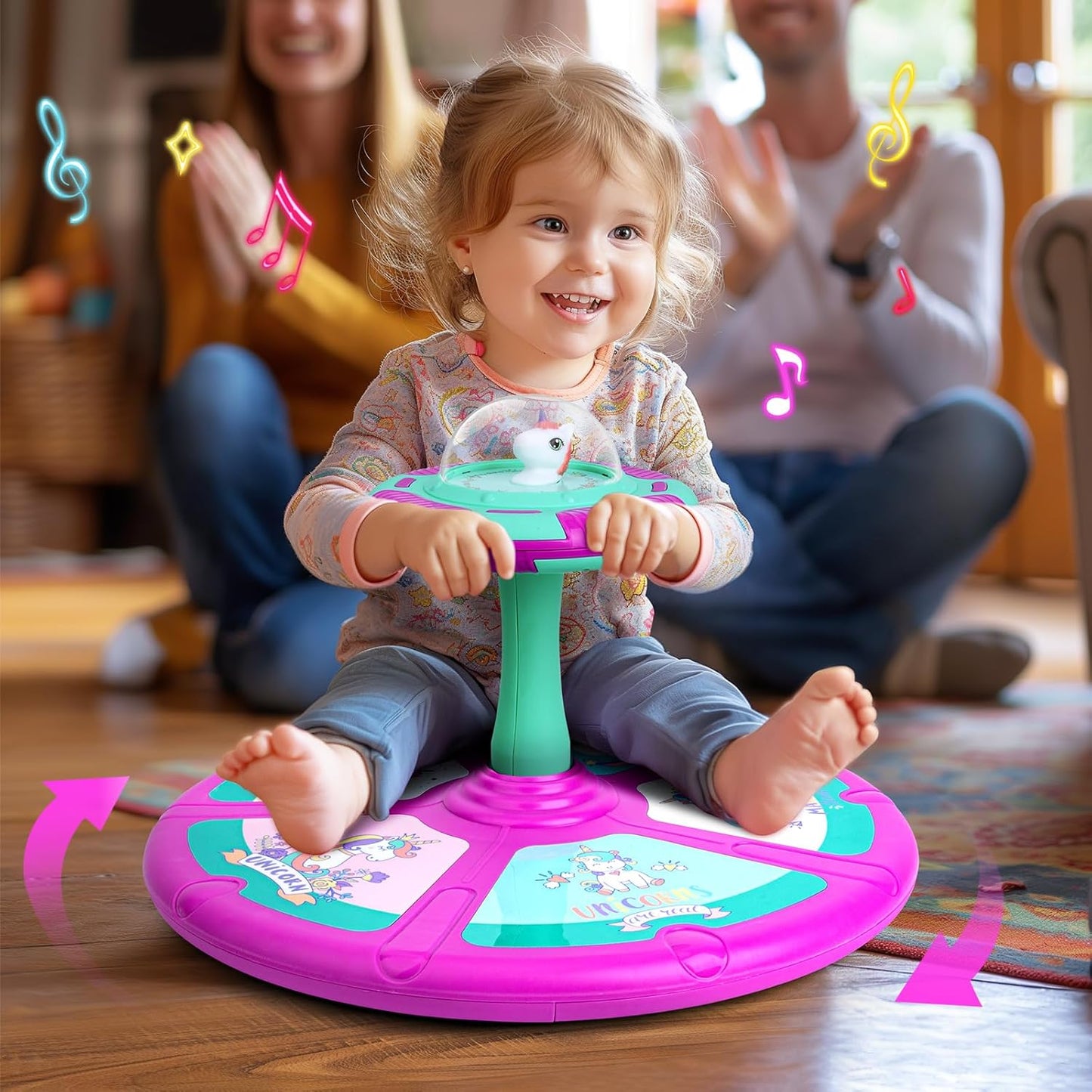 Unicorn Sit and Spin Toy Birthday Gift for 2 3 4 Years Old Girl - Toy for Toddler Girl Ages 1-3 2-4, Kids 360ยฐ Spinning Seat with LED & Music, Indoor Active Play Early Development Toys