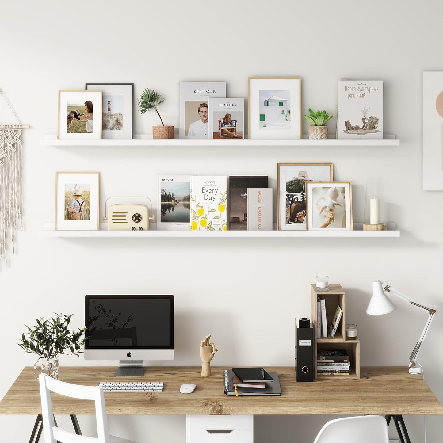 Picture Ledge Shelf, Floating Shelves Set of 2, Solid Pine Wood 72'' Long Large Nursery Book Shelves for Toys Storage, Kids Bookshelf for Living Room Bedroom Decor Books Photo Frames, White