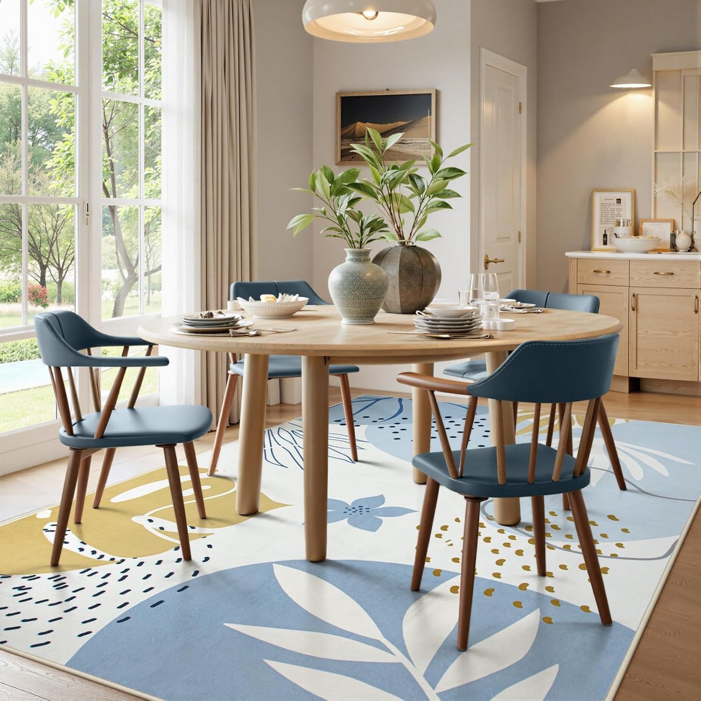 Lahome 8x10 Area Rugs for Living Room - Non-Slip Washable Ultra-Thin Soft Bedroom Rug 8x10 Under Bed, Boho Botanical Print Carpet for Dining Room Office Nursery, Blue