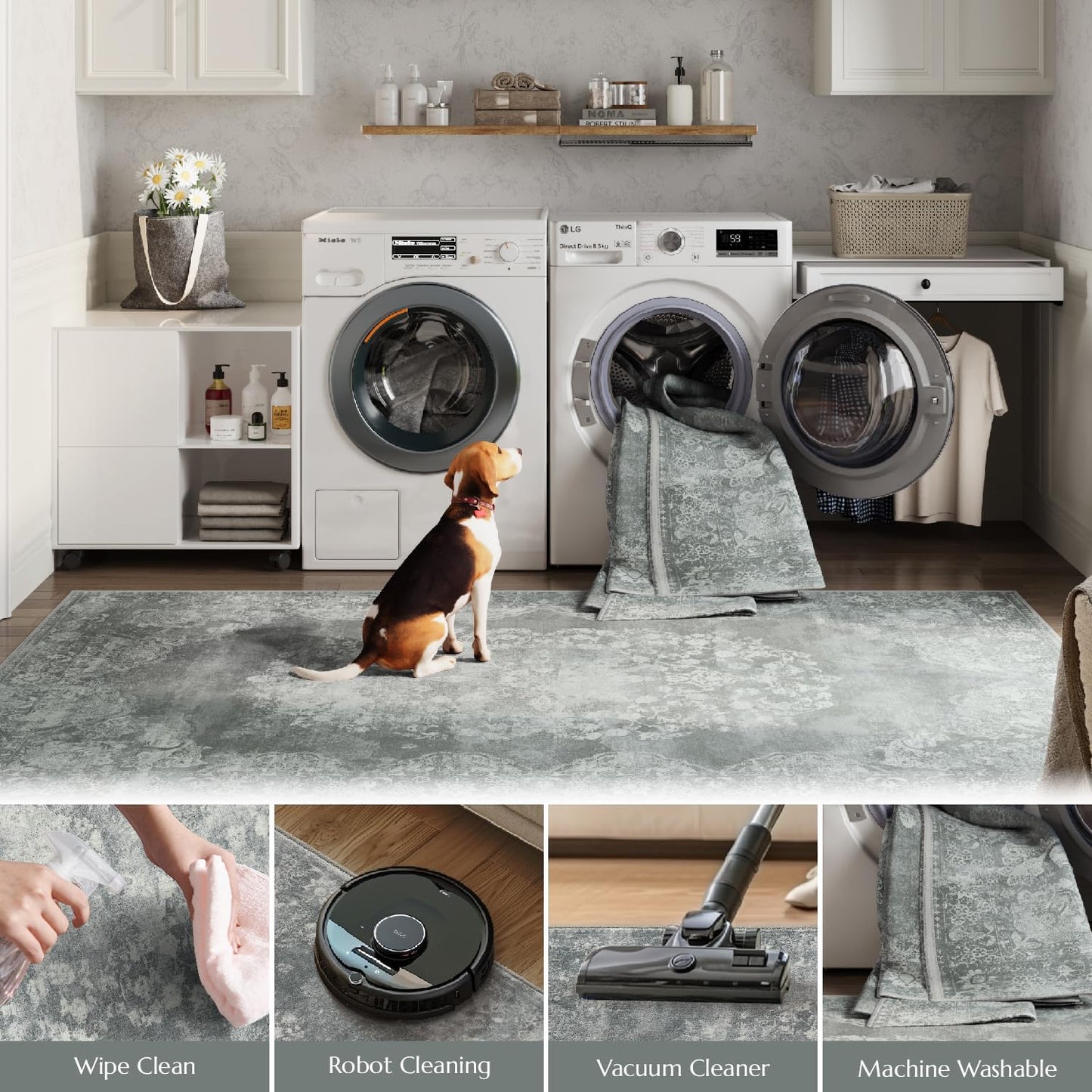 jinchan Vintage Floral 4x6 Area Rugs - Machine Washable Distressed Design Soft Ultra-Thin Low-Pile Non-Slip Carpet for Entryway Kitchen Bedroom Nursery Living Room Dining Room (4x6ft,Grey)