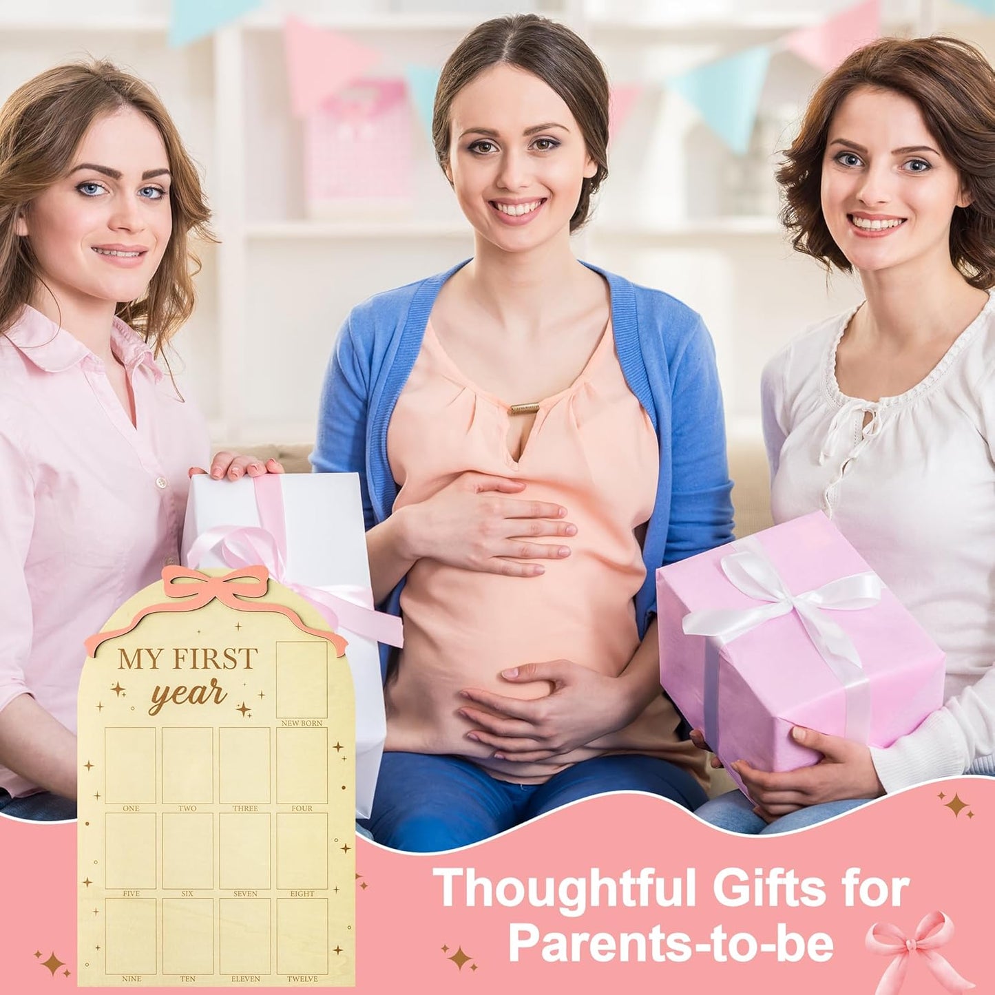 R HORSE My First Year Photo Frame Board, 3D Coquette Pink Bow Display Wood Board, Baby’s First Year 12 Months Milestone Sign 1st Birthday Frame Nursery Decor Keepsake Gift for Boy Girl