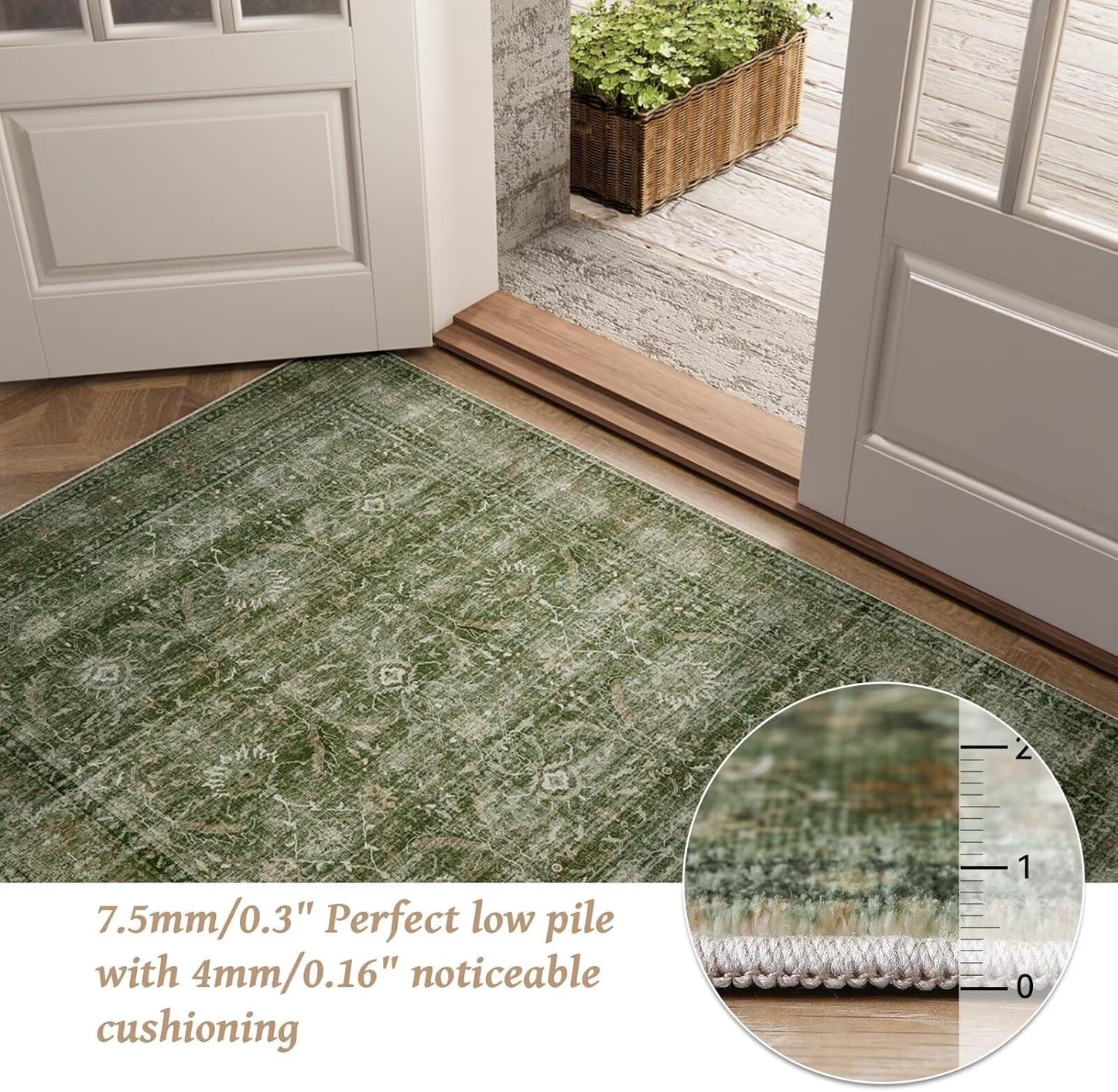 Washable 10x14 Area Rugs for Living Room, Boho Non-Slip Silicone Backing Rugs for Bedroom Dining Room Office, 0.3" Neutral Oriental Throw Carpet with 0.16" Cushioning Pad, Grass Green/Multi