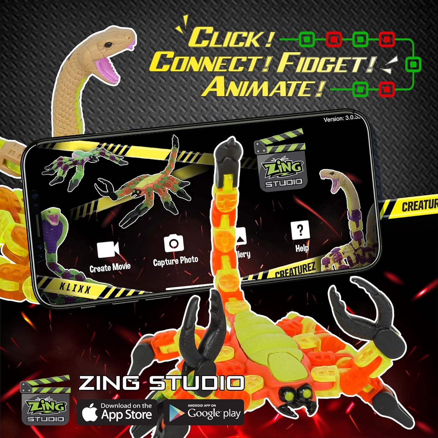 Zing Klixx Creaturez Combo Pack - Create Stop Motion Animation, Snap and Click Fidget Toys for Stress Relief, Great for Kids Ages 4 and Up (Scorpion + Rattlesnake)
