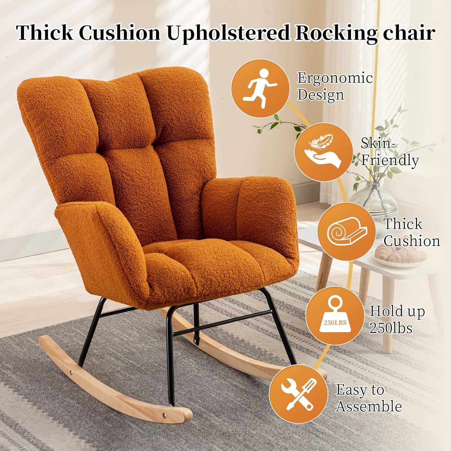 NIOIIKIT Nursery Rocking Chair Teddy Upholstered Glider Rocker Rocking Accent Chair Padded Seat with High Backrest Armchair Comfy Side Chair for Living Room Bedroom Offices (Orange)