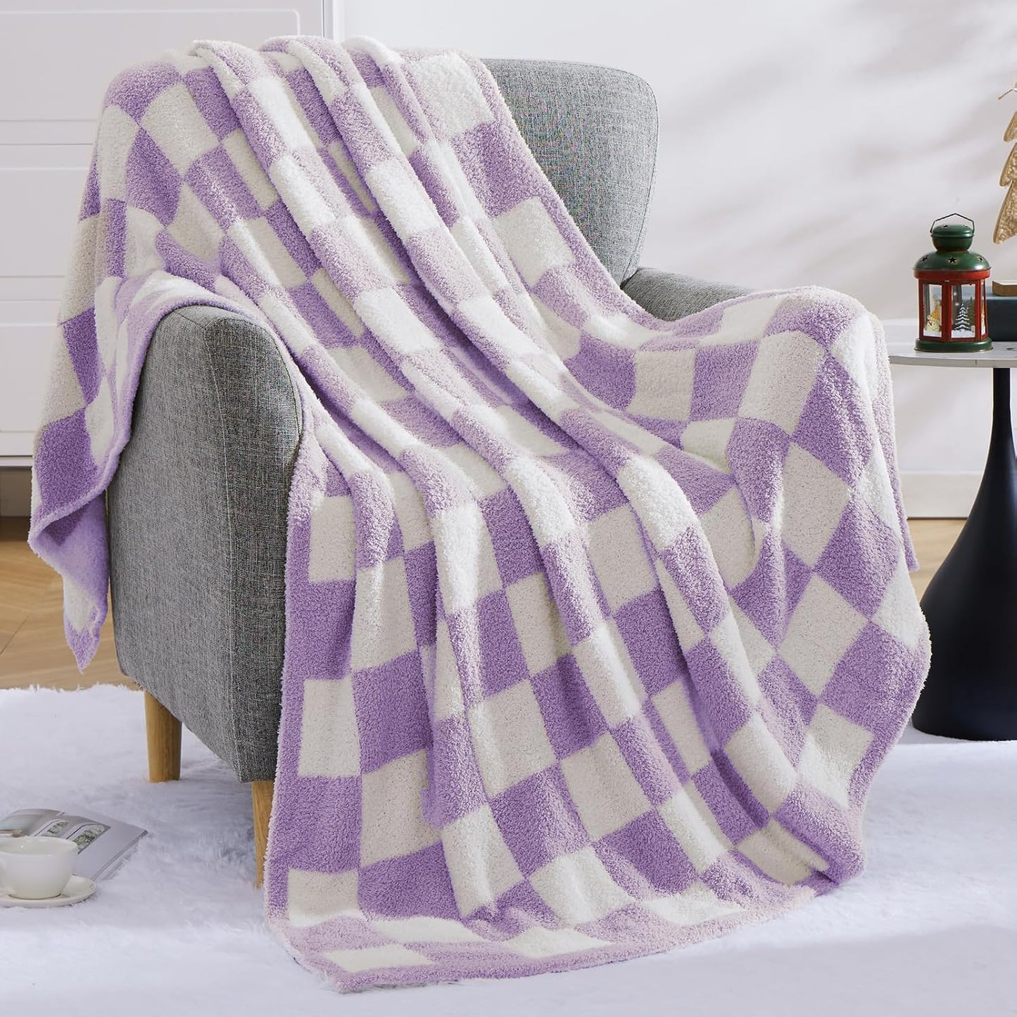 WRENSONGE Checkered Throw Blanket, Purple Soft Cozy Fluffy Warm Hand Made Throw Blankets for Couch, Sofa, Chair, Bed, Camping, Picnic, Travel Lightweight Bed Blanket - 50"*70"