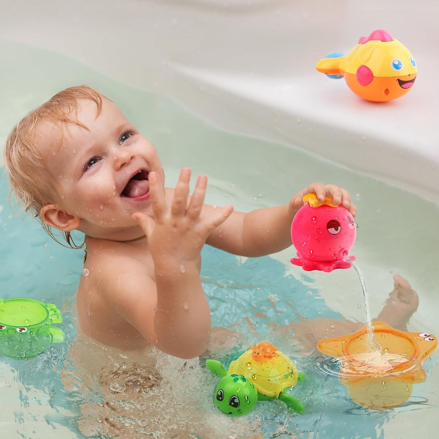 iPlay, iLearn Baby Bath Toys w/ Organizer, Water Squirting Octopus, Wind Up Swimming Turtle, Bathtub & Shower, Stacking Cups, Gift for 6, 9, 12, 18 Months 1, 2, 3 Years, Toddlers, Girls, Boys & Kids