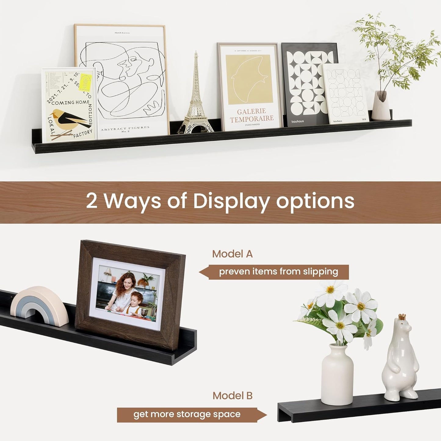 Picture Ledge Shelf, Solid Pine Wood Floating Shelves Set of 2, 40 Inches Nursery Book Shelves for Toys Storage, Kids Bookshelf Wall Mounted for Living Room Bedroom Decor Books Photo Frames, Black