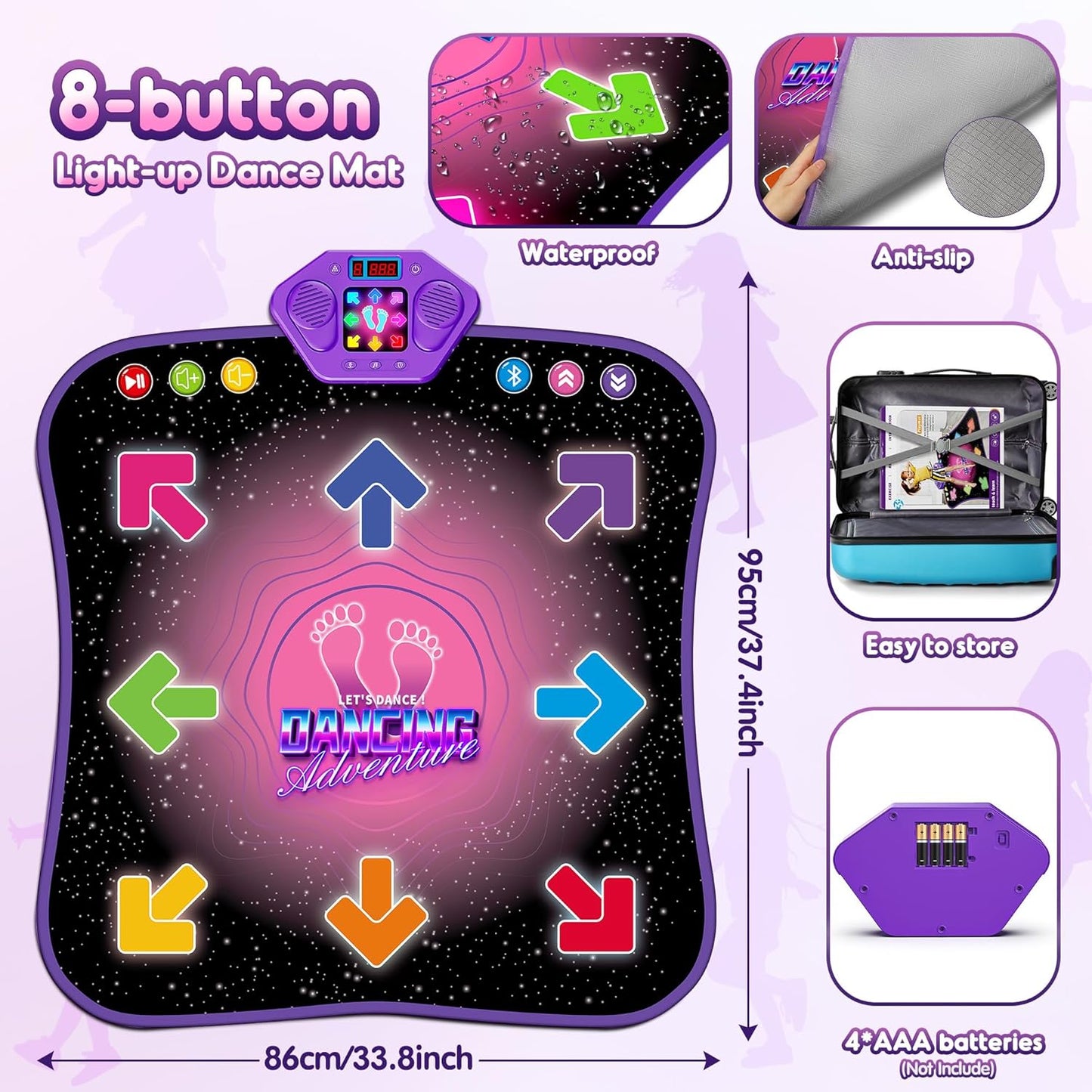 Flooyes Dance Mat Toys for 3-12 Year Old Kids, Electronic Dance Pad with Light-up 8-Button Wireless Bluetooth, Music Dance with 5 Game Modes, Birthday Toys Gifts for 3 4 5 6 7 8 9 10+ Year Old Girls