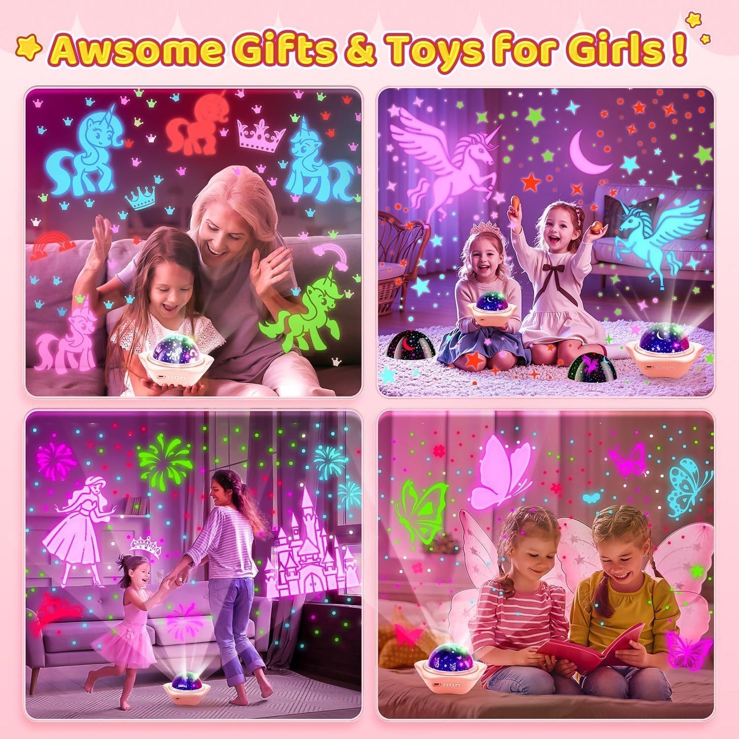 One Fire Unicorns Gifts for Girls Toys, 6 Films Unicorn Night Light Projector for Bedroom,Rechargeable Night Light for Girls Gifts,360ยฐ Rotating Butterfly Lamp,Unicorn Toys Mermaid Toys Princess Gifts