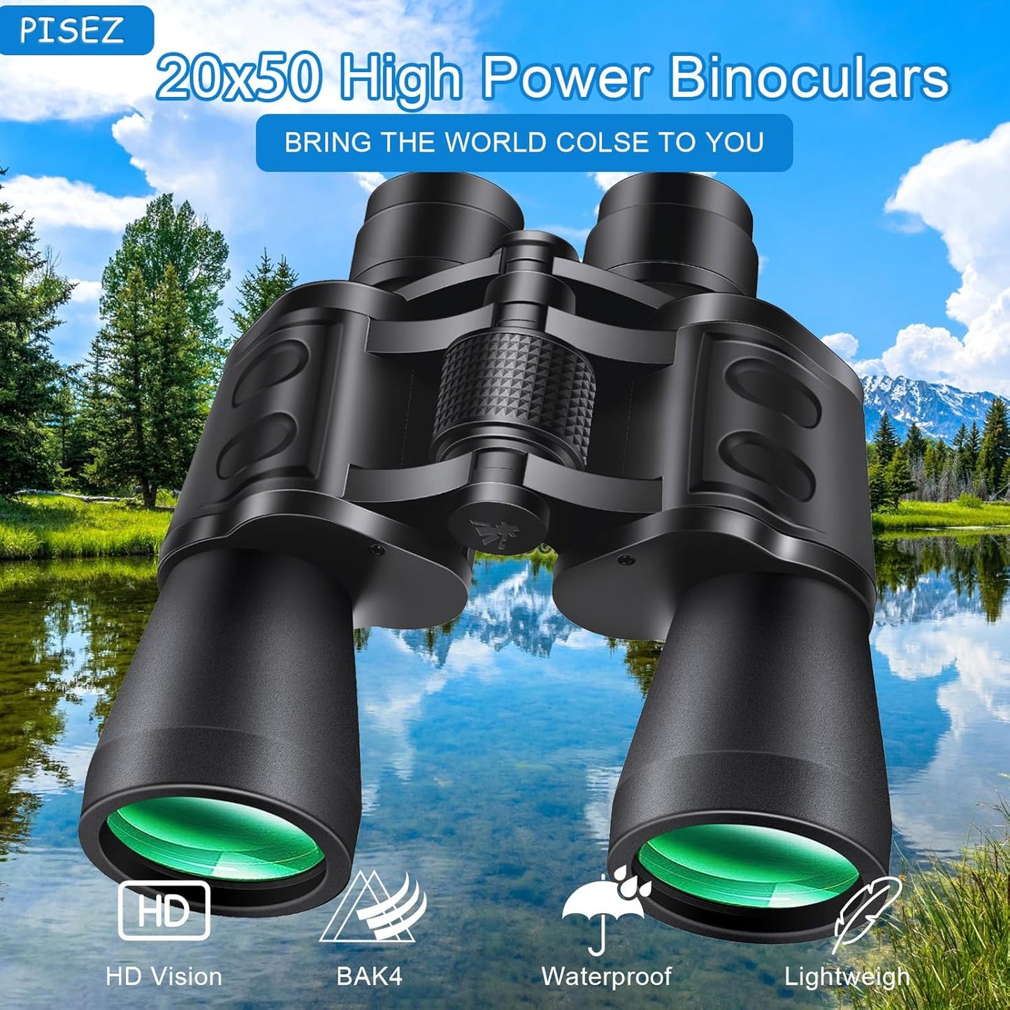 PISEZ 20X50 Binoculars for Adults High Powered with Low Light Vision,Compact Large View Waterproof Binoculars for Bird Watching Hunting Concert Traveling Theater Opera Sightseeing